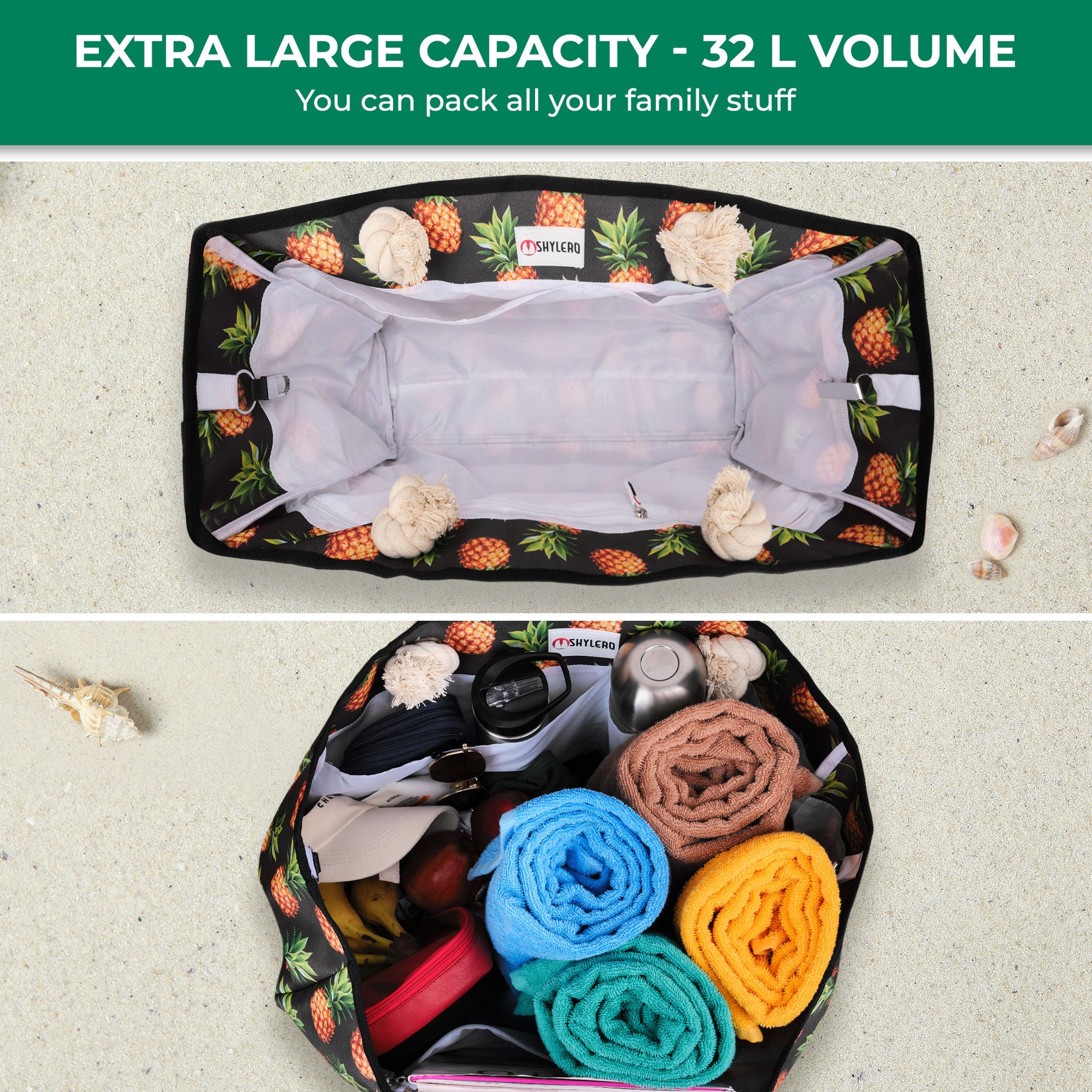Beach Bag and Pool Bag | Water Repellent | Top Magnet | Family Size XXL | L22" x H15" x W6" | Black With Pineapples