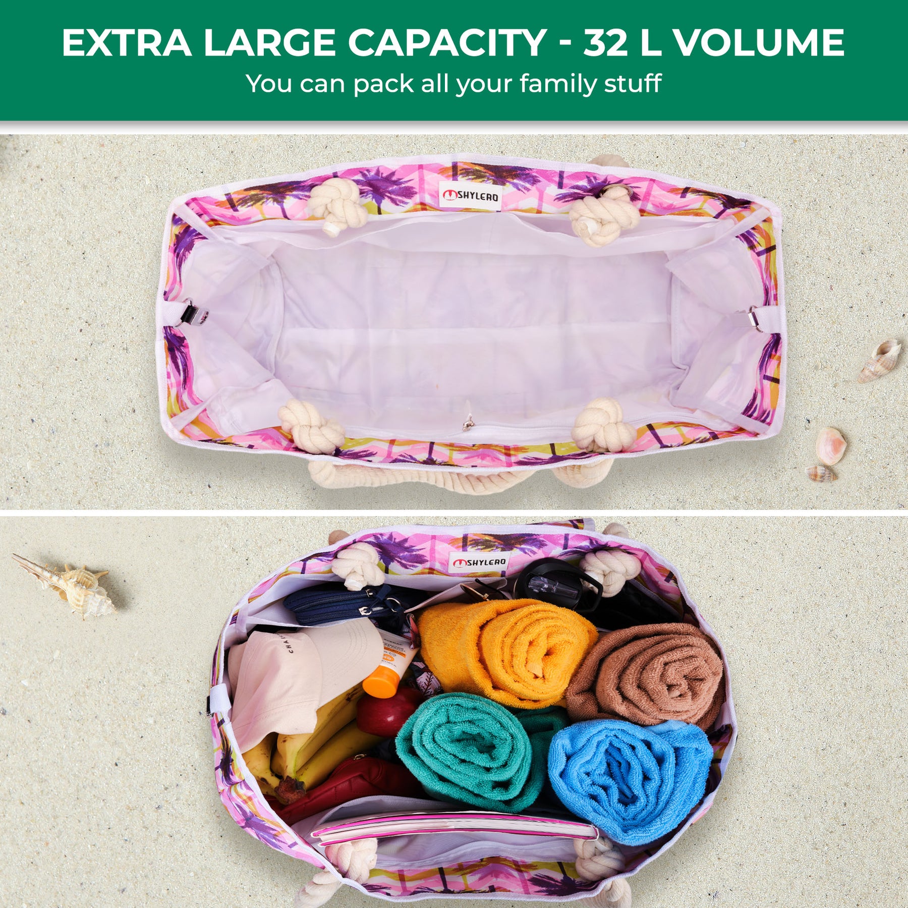 Beach Bag and Pool Bag | Water Repellent | Top Magnet | Family Size XXL | L22" x H15" x W6" | Summer Sunset