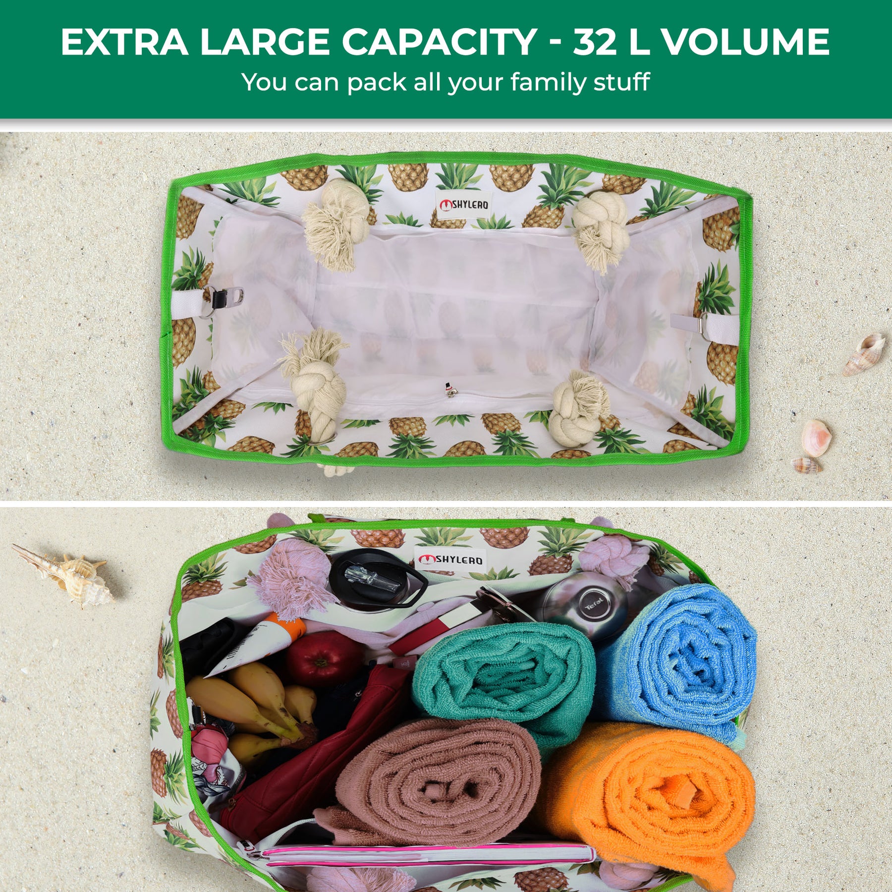 Beach Bag and Pool Bag | Water Repellent | Top Magnet | Family Size XXL | L22" x H15" x W6" | White With Pineapples