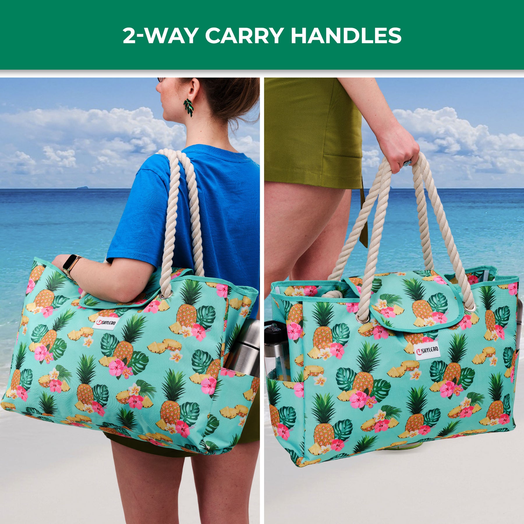 Beach Bag and Pool Bag | Water Repellent | Top Magnet | Family Size XXL | L22" x H15" x W6" | Tropical Fruits