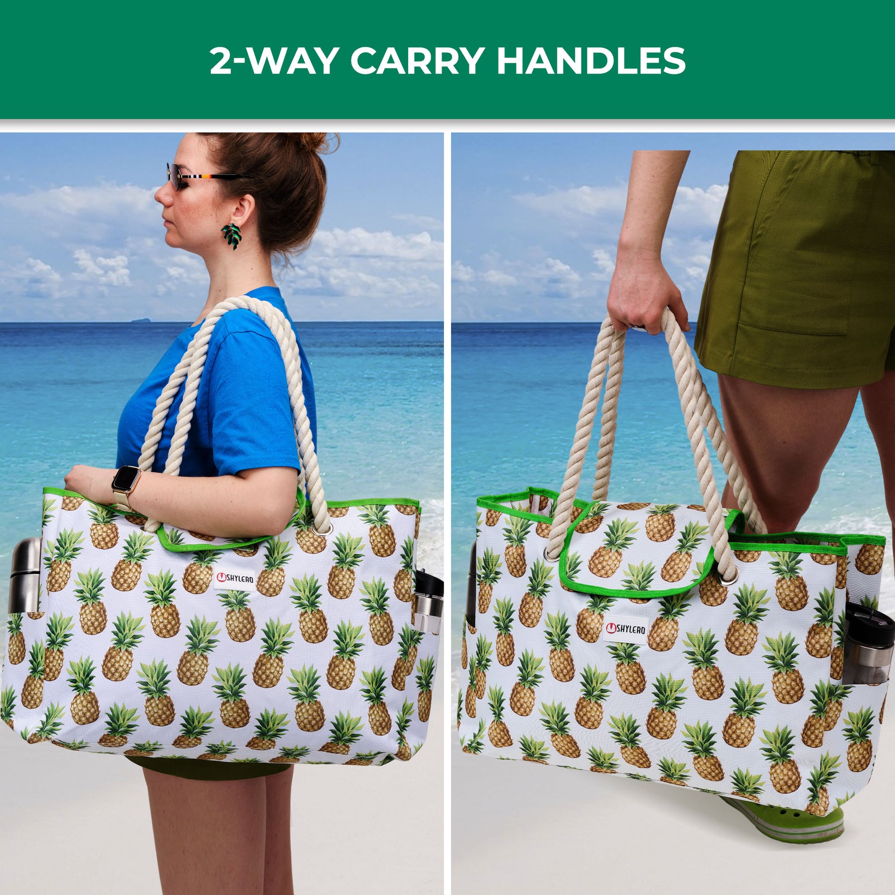 Beach Bag and Pool Bag | Water Repellent | Top Magnet | Family Size XXL | L22" x H15" x W6" | White With Pineapples