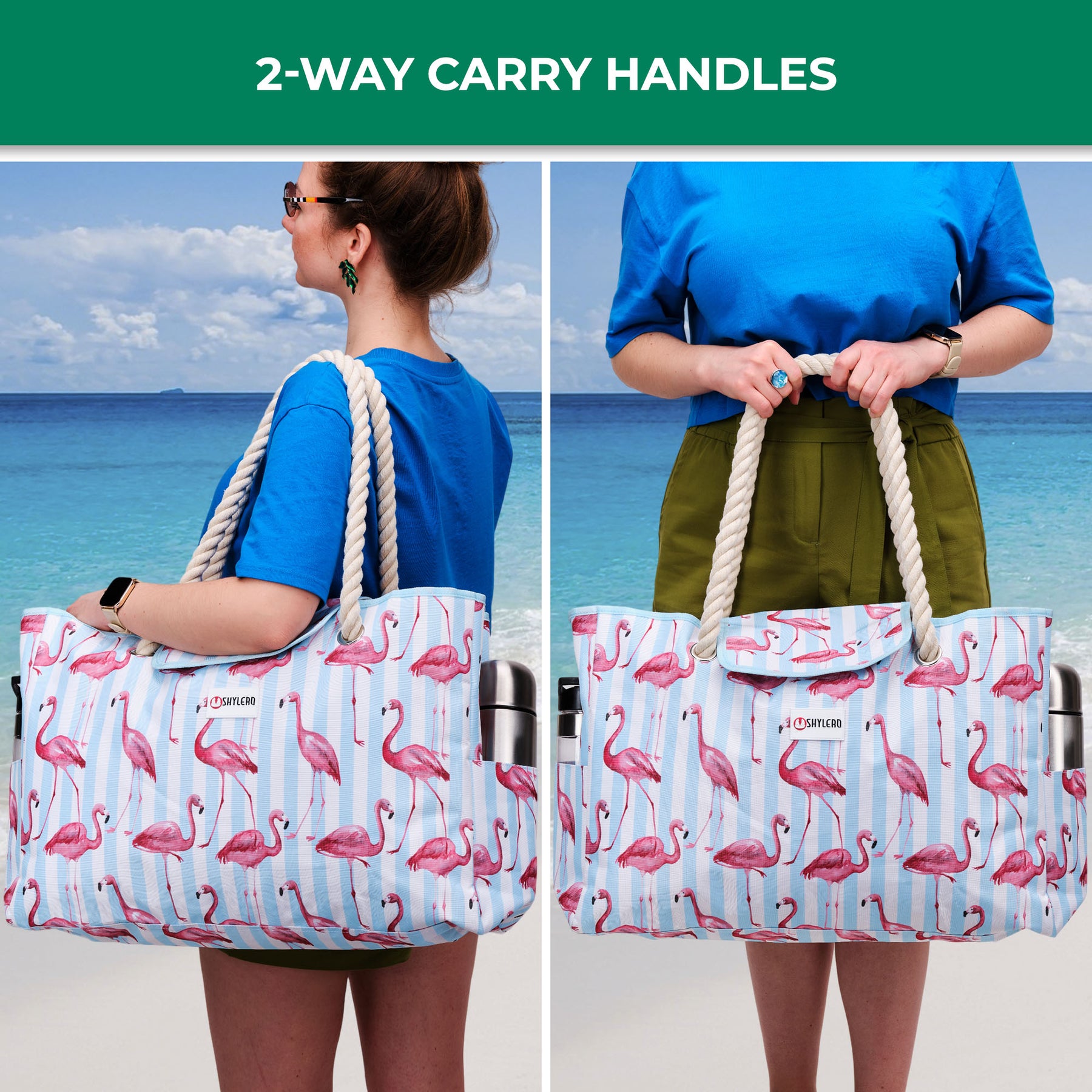 Beach Bag and Pool Bag | Water Repellent | Top Magnet | Family Size XXL | L22" x H15" x W6" | Pink Flamingo