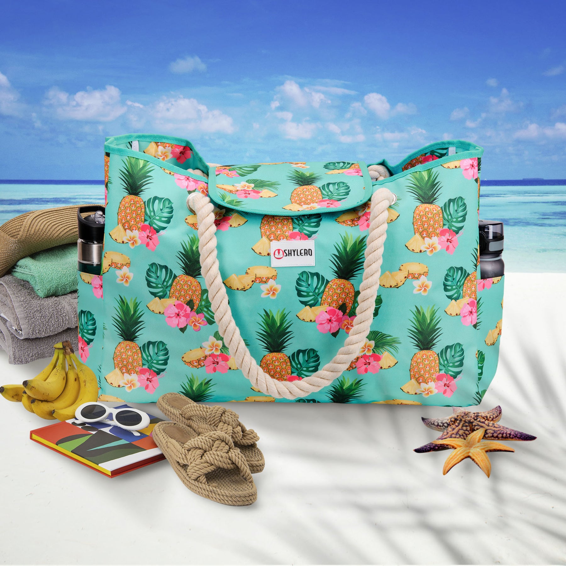 Beach Bag and Pool Bag | Water Repellent | Top Magnet | Family Size XXL | L22" x H15" x W6" | Tropical Fruits