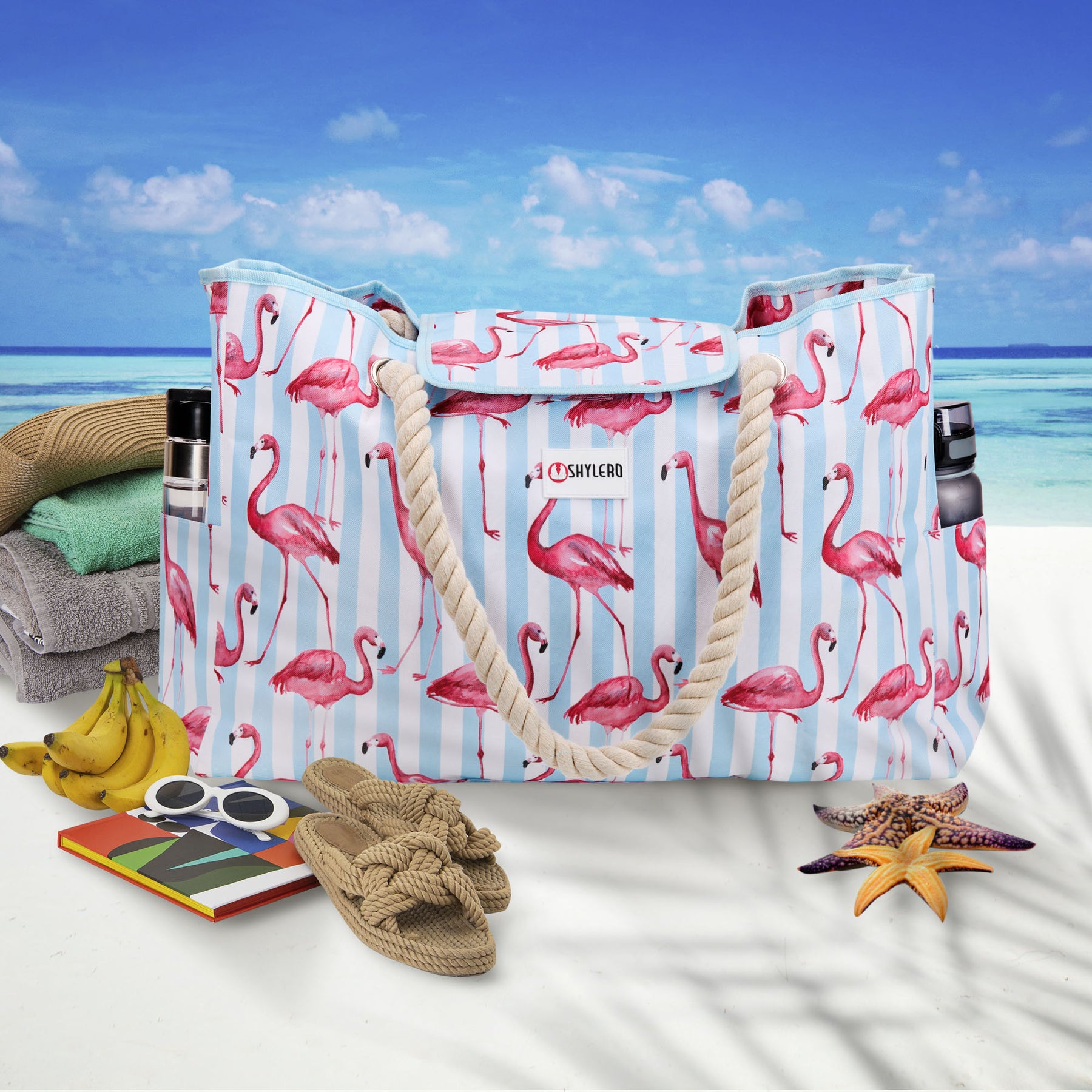 Beach Bag and Pool Bag | Water Repellent | Top Magnet | Family Size XXL | L22" x H15" x W6" | Pink Flamingo