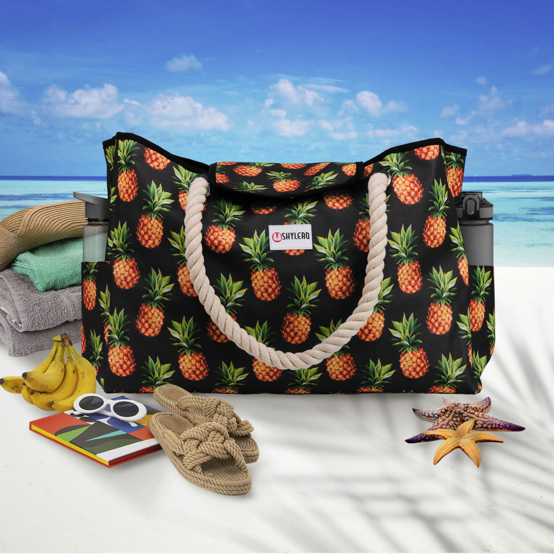 Beach Bag and Pool Bag | Water Repellent | Top Magnet | Family Size XXL | L22" x H15" x W6" | Black With Pineapples