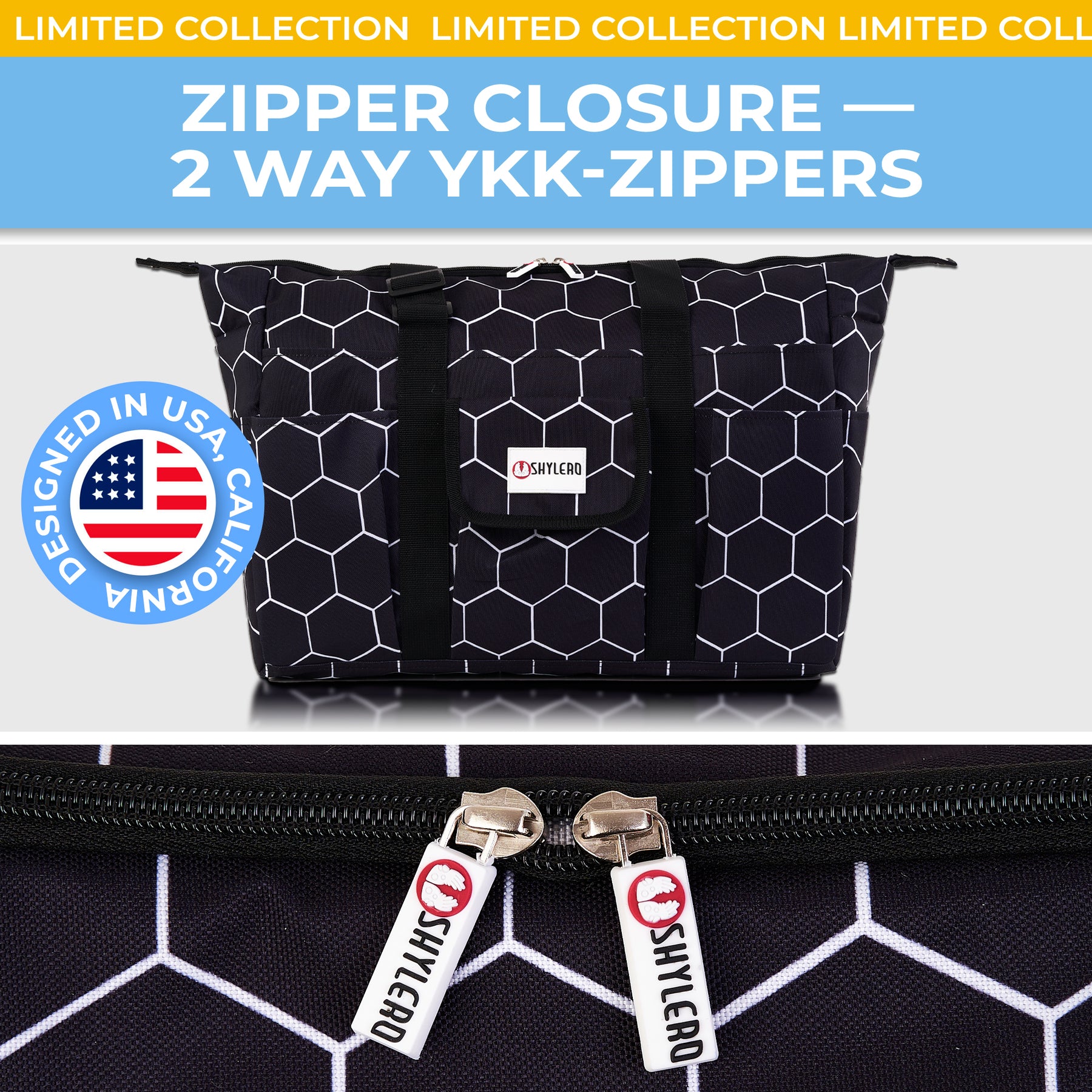 Nurse Bag and Utility Tote | Waterproof | Top YKK® Zip | L18" x H14" x W7" (46x18x36cm) | Black Bee Hive