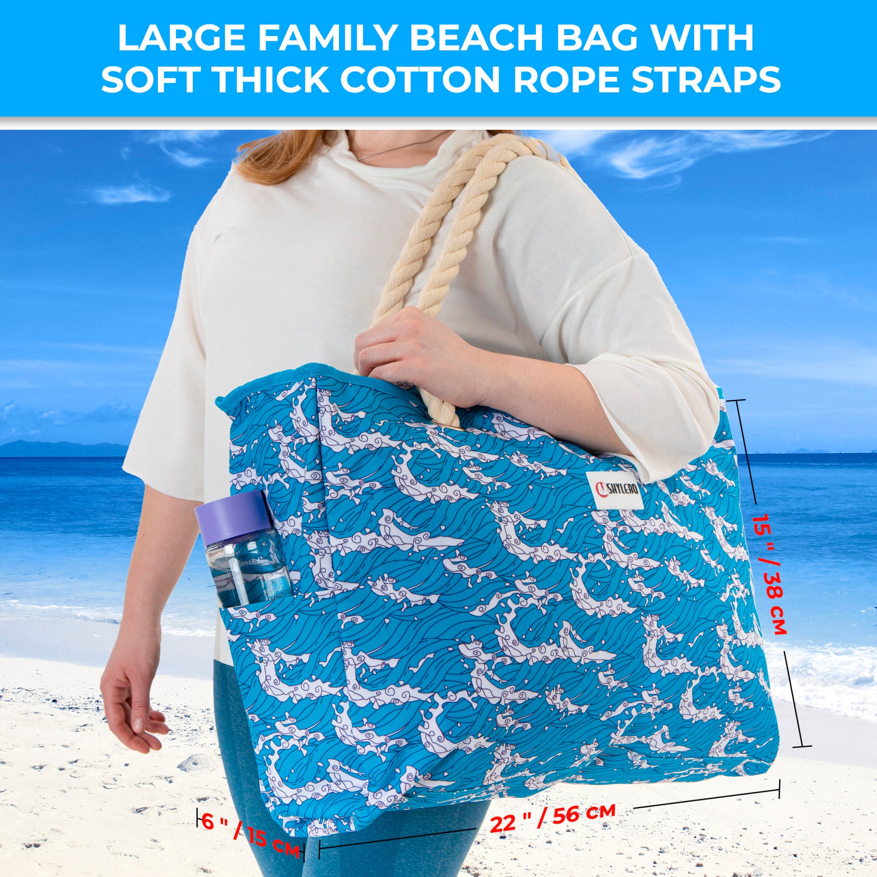 Beach Bag and Pool Bag | Water Repellent | Top YKK® Zip | Family Size | L22" x H15" x W6" | Ocean Waves