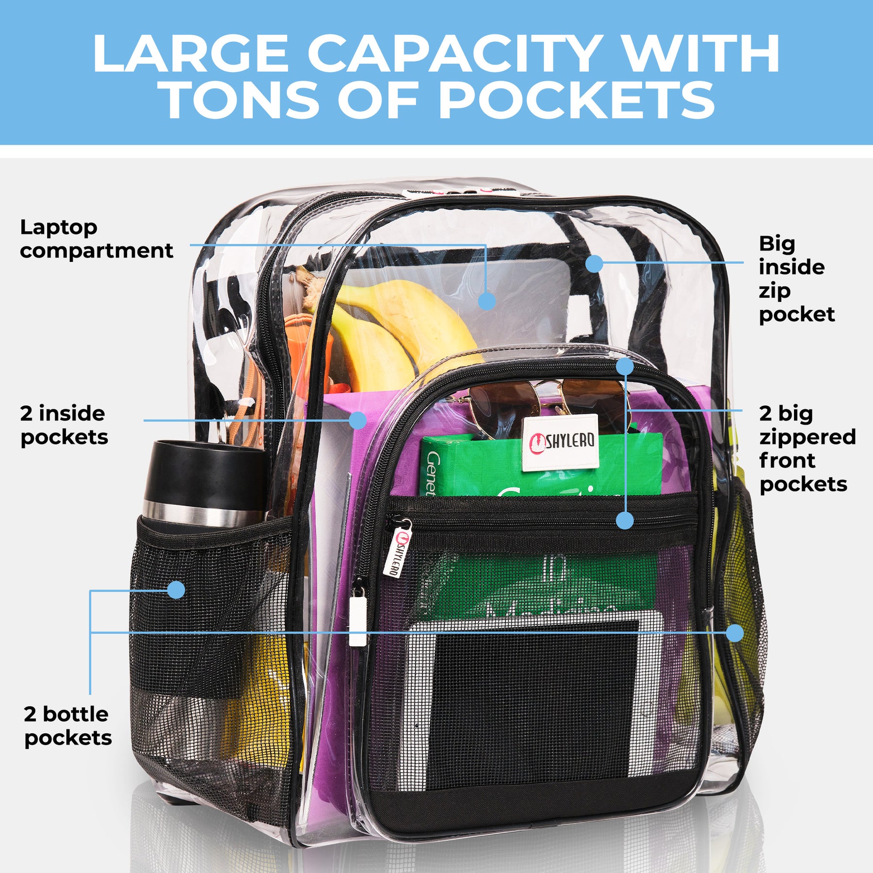 Clear Backpack For Work and School Backpack XL | TSA Lock | H18" x W14" x D8" (45cm x 35cm x 20cm) | 32 L | Black Rhino