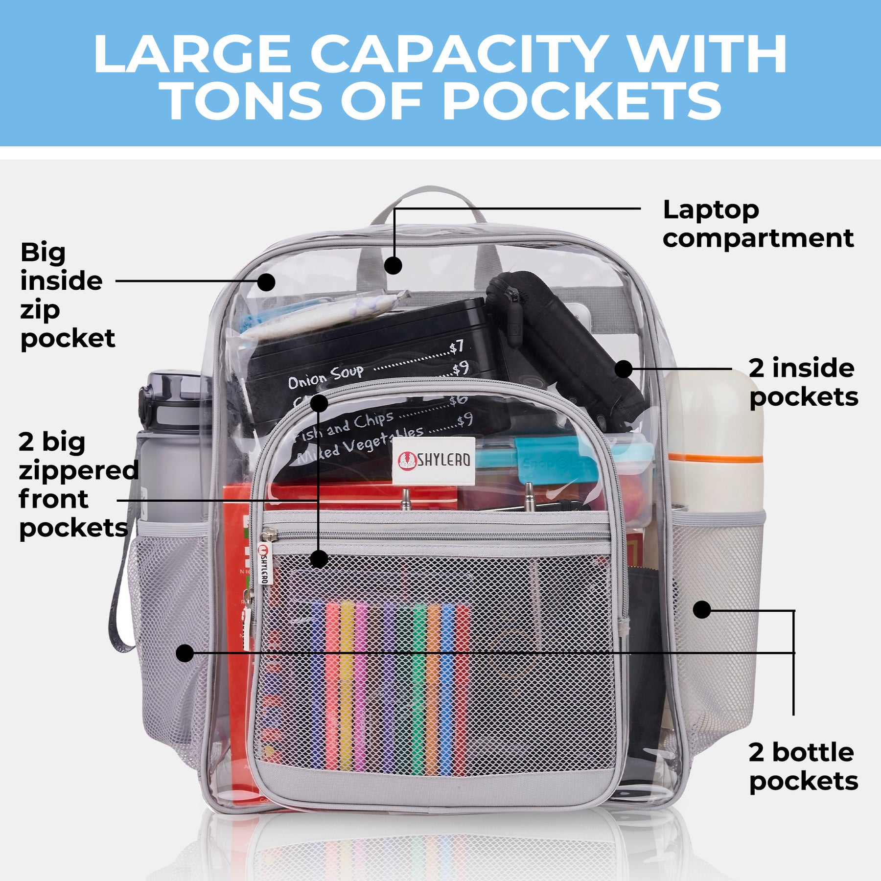 Clear Backpack For Work and School Backpack XL | TSA Lock | H18" x W14" x D8" (45cm x 35cm x 20cm) | 32 L | Grey Rhino