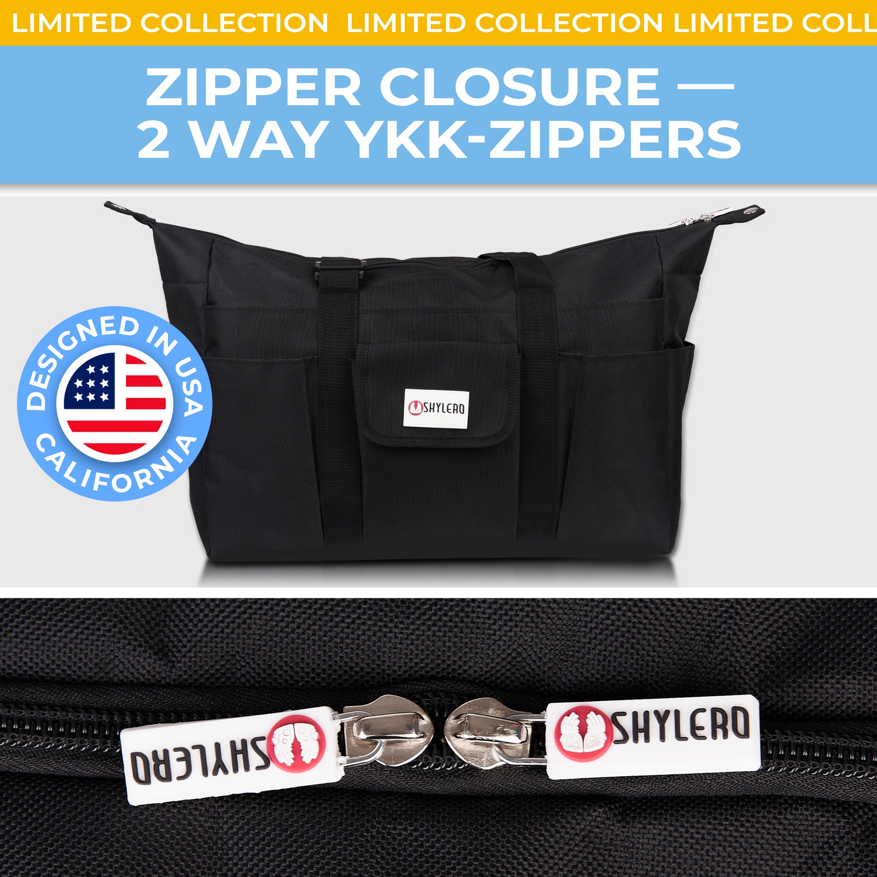 Nurse Bag and Utility Tote | Waterproof | Top YKK® Zip | L18" x H14" x W7" (46x18x36cm) | Solid Black