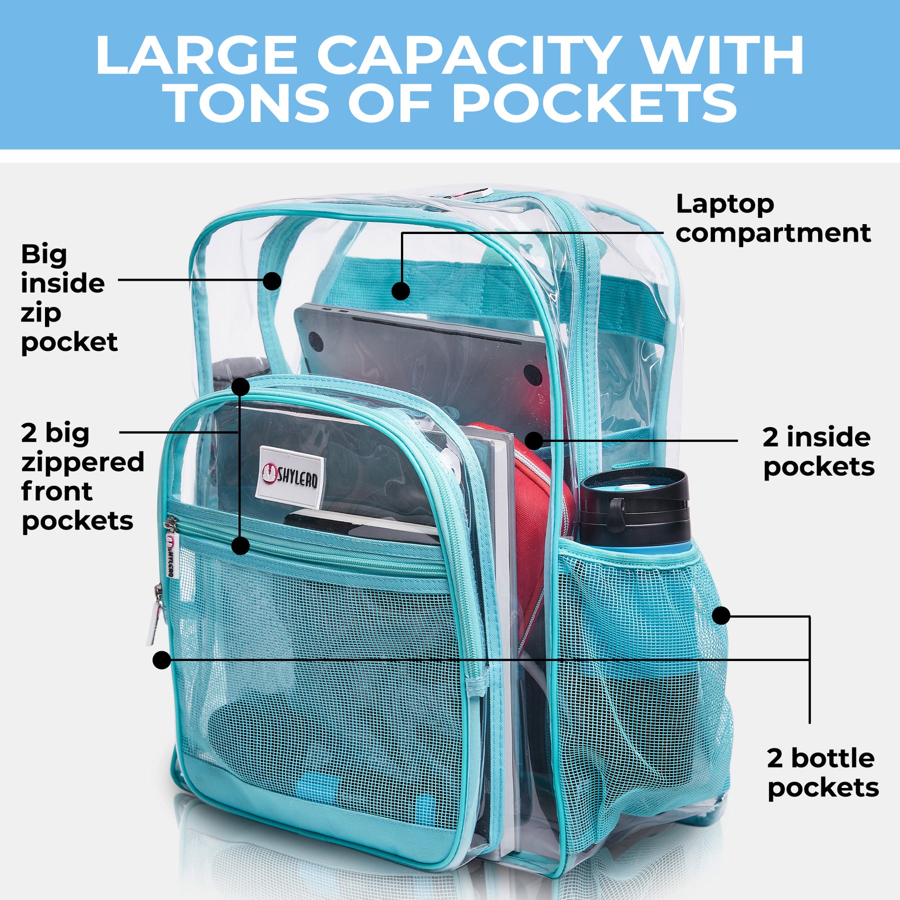 Clear Backpack For Work and School Backpack XL | TSA Lock | H18" x W14" x D8" (45cm x 35cm x 20cm) | 32 L | Turquoise Rhino