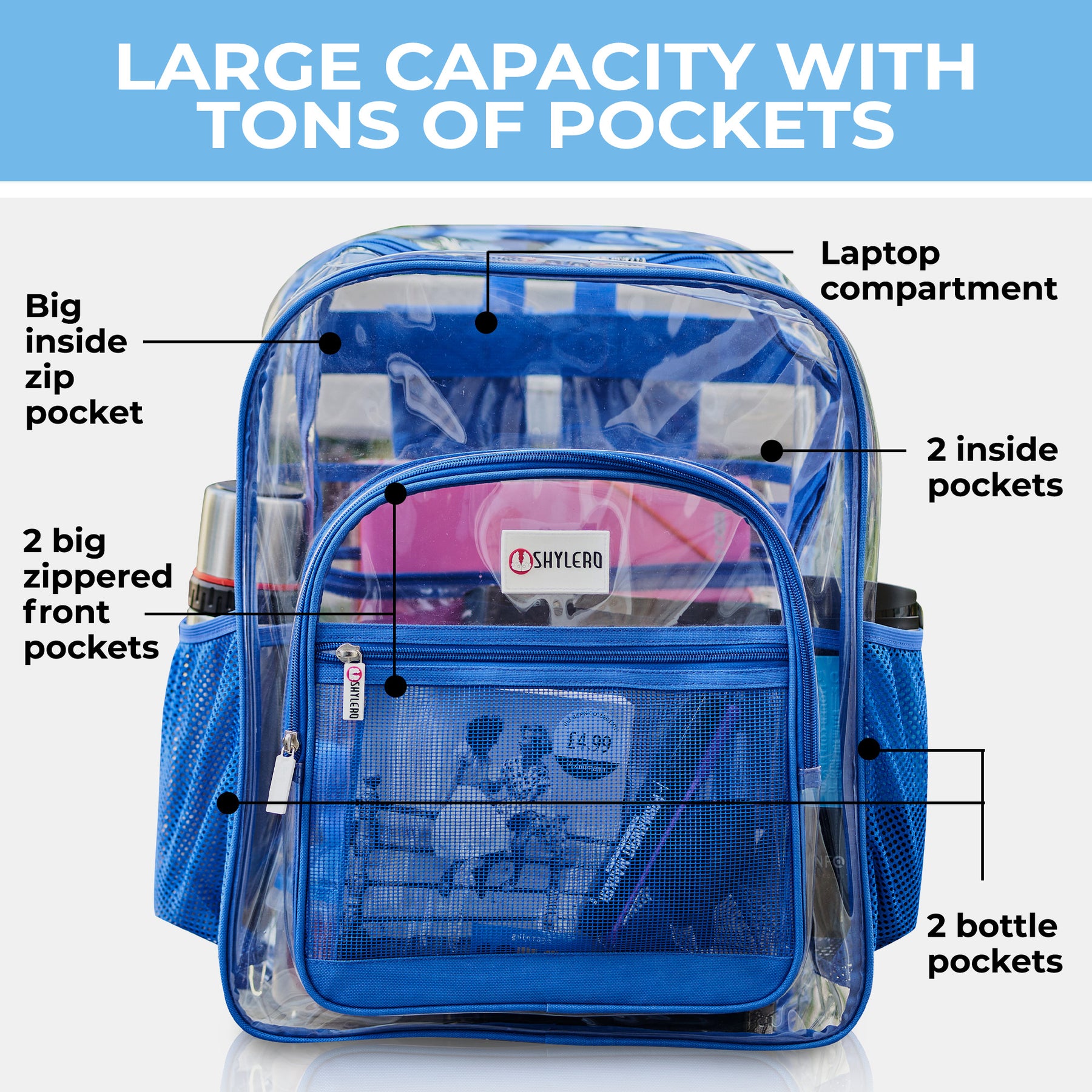 Clear Backpack For Work and School Backpack XL | TSA Lock | H18" x W14" x D8" (45cm x 35cm x 20cm) | 32 L | Blue Rhino