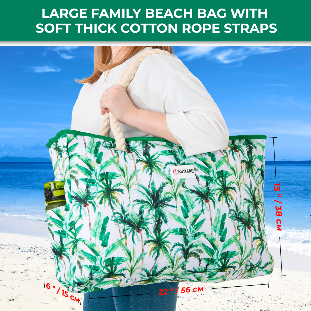 Beach Bag and Pool Bag | Water Repellent | Top YKK® Zip | Family Size | L22" x H15" x W6" | Palm Leaves