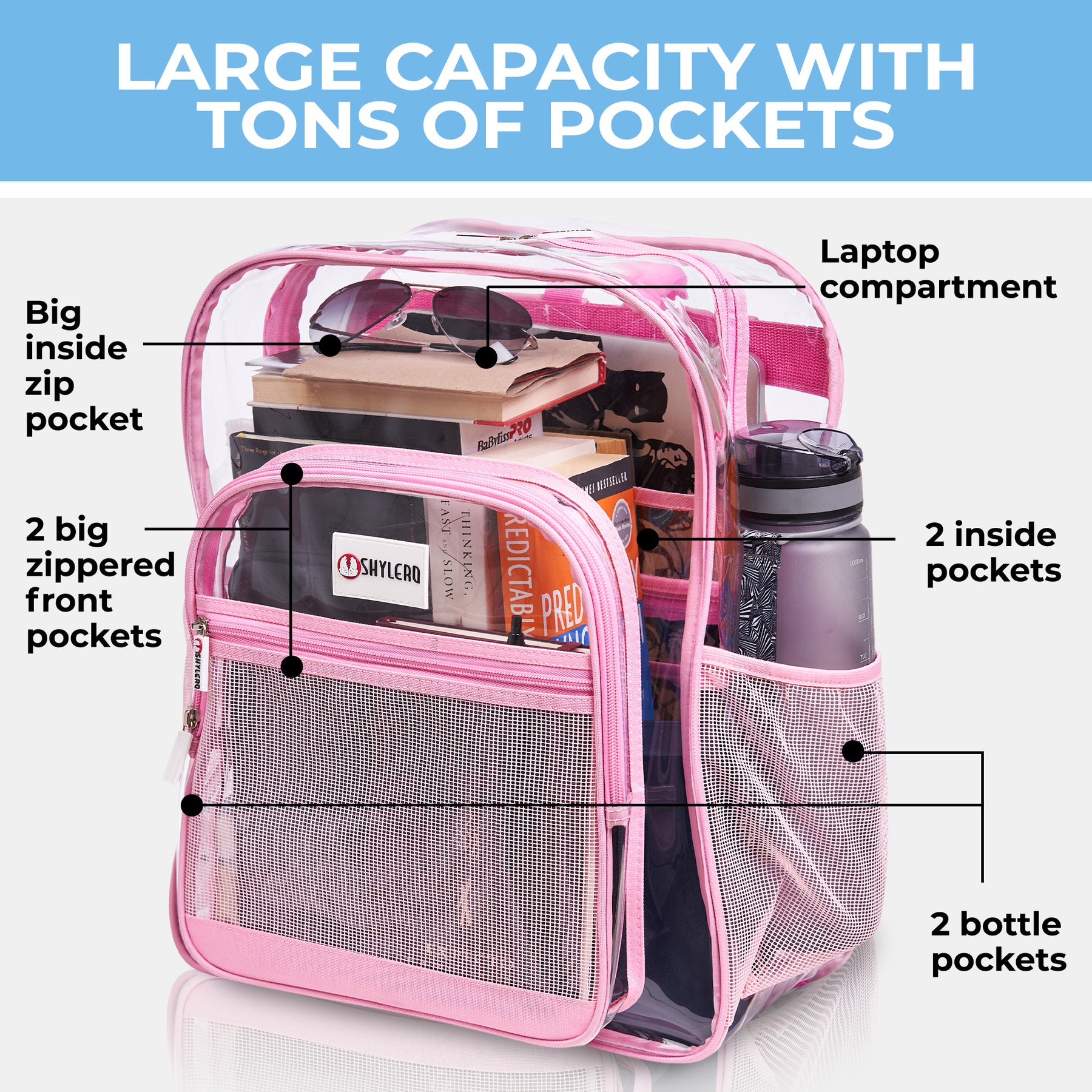 Clear Backpack For Work and School Backpack XL | TSA Lock | H18" x W14" x D8" (45cm x 35cm x 20cm) | 32 L | Pink Rhino