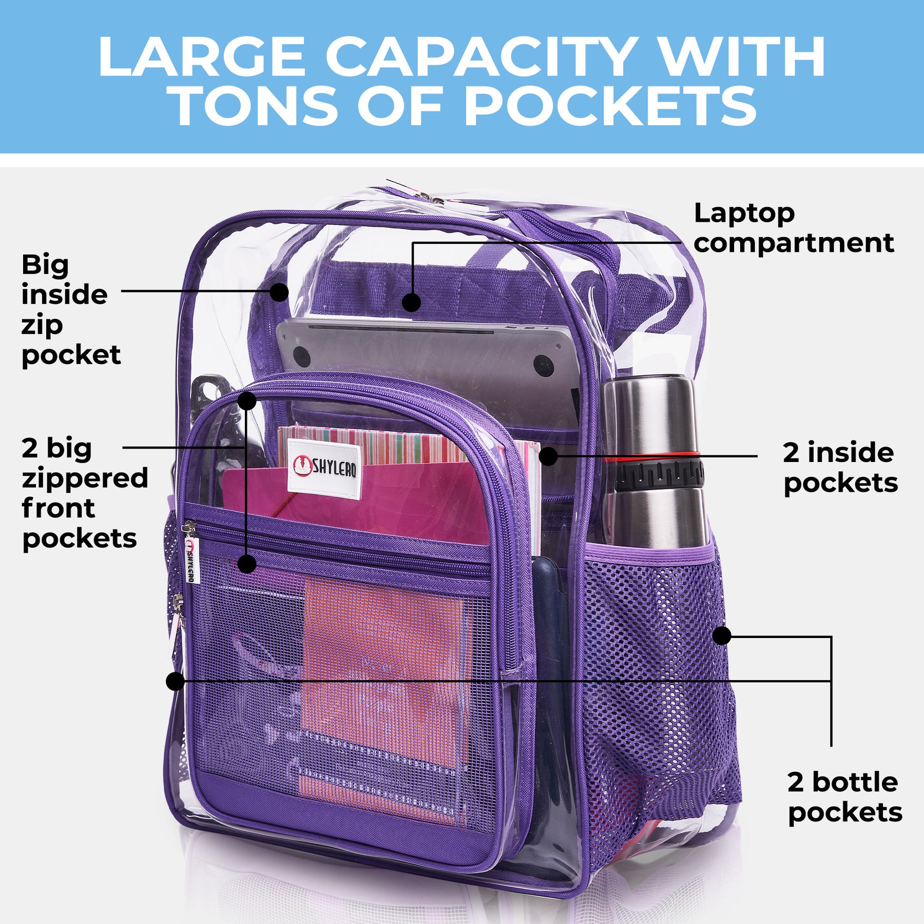 Clear Backpack For Work and School Backpack XL | TSA Lock | H18" x W14" x D8" (45cm x 35cm x 20cm) | 32 L | Purple Rhino