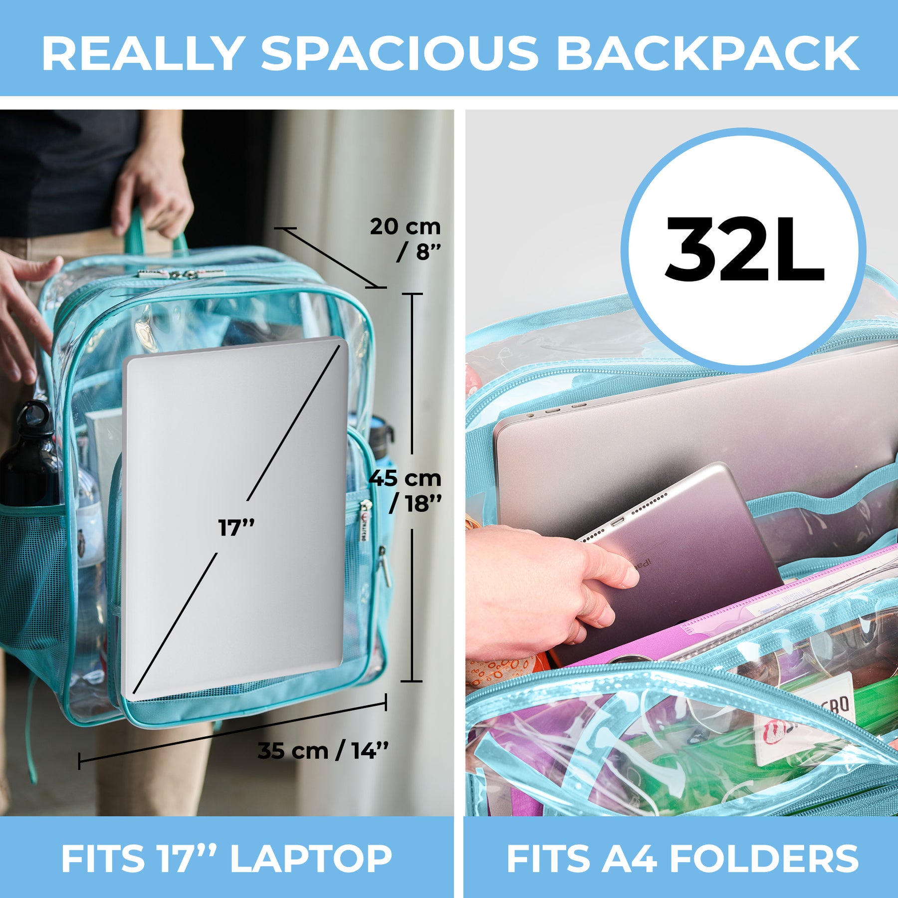 Clear Backpack For Work and School Backpack XL | TSA Lock | H18" x W14" x D8" (45cm x 35cm x 20cm) | 32 L | Turquoise Rhino