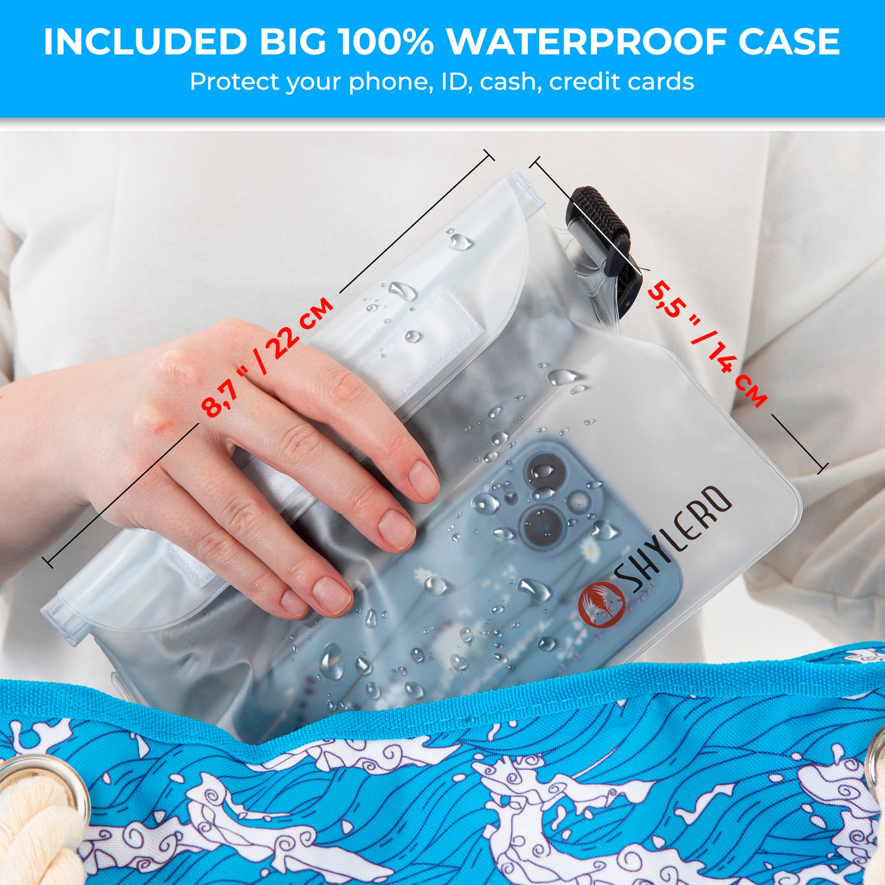 Beach Bag and Pool Bag | Water Repellent | Top YKK® Zip | Family Size | L22" x H15" x W6" | Ocean Waves