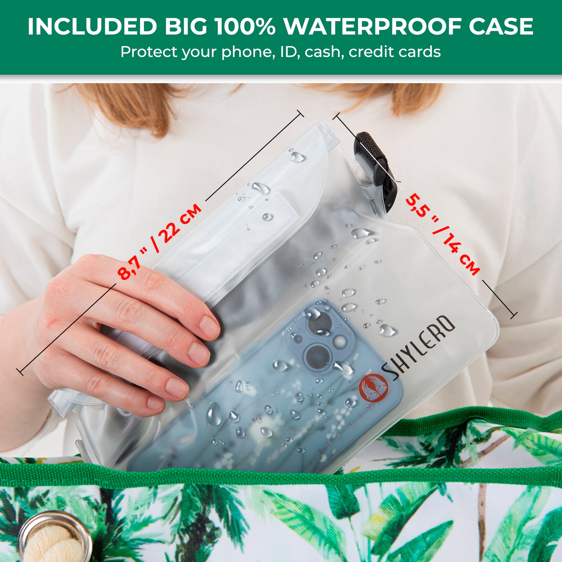 Beach Bag and Pool Bag | Water Repellent | Top YKK® Zip | Family Size | L22" x H15" x W6" | Palm Leaves