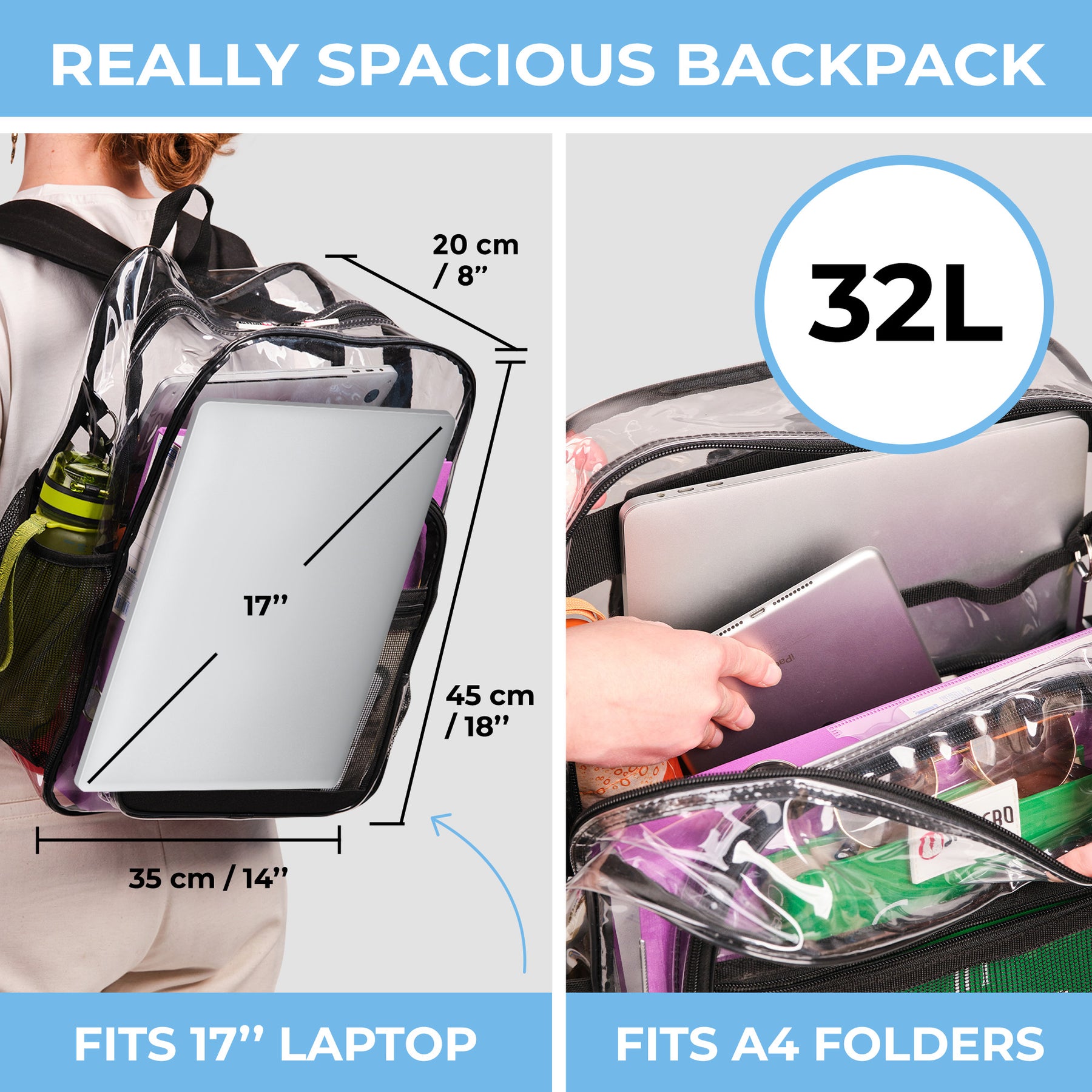 Clear Backpack For Work and School Backpack XL | TSA Lock | H18" x W14" x D8" (45cm x 35cm x 20cm) | 32 L | Black Rhino