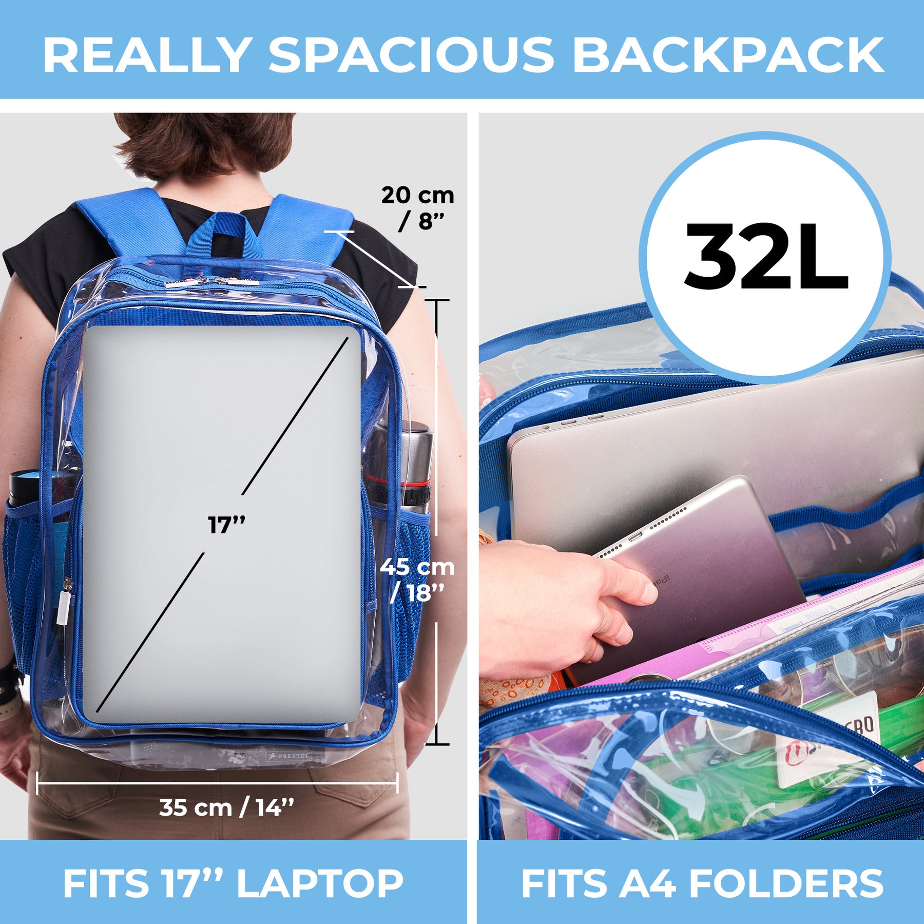 Clear Backpack For Work and School Backpack XL | TSA Lock | H18" x W14" x D8" (45cm x 35cm x 20cm) | 32 L | Blue Rhino