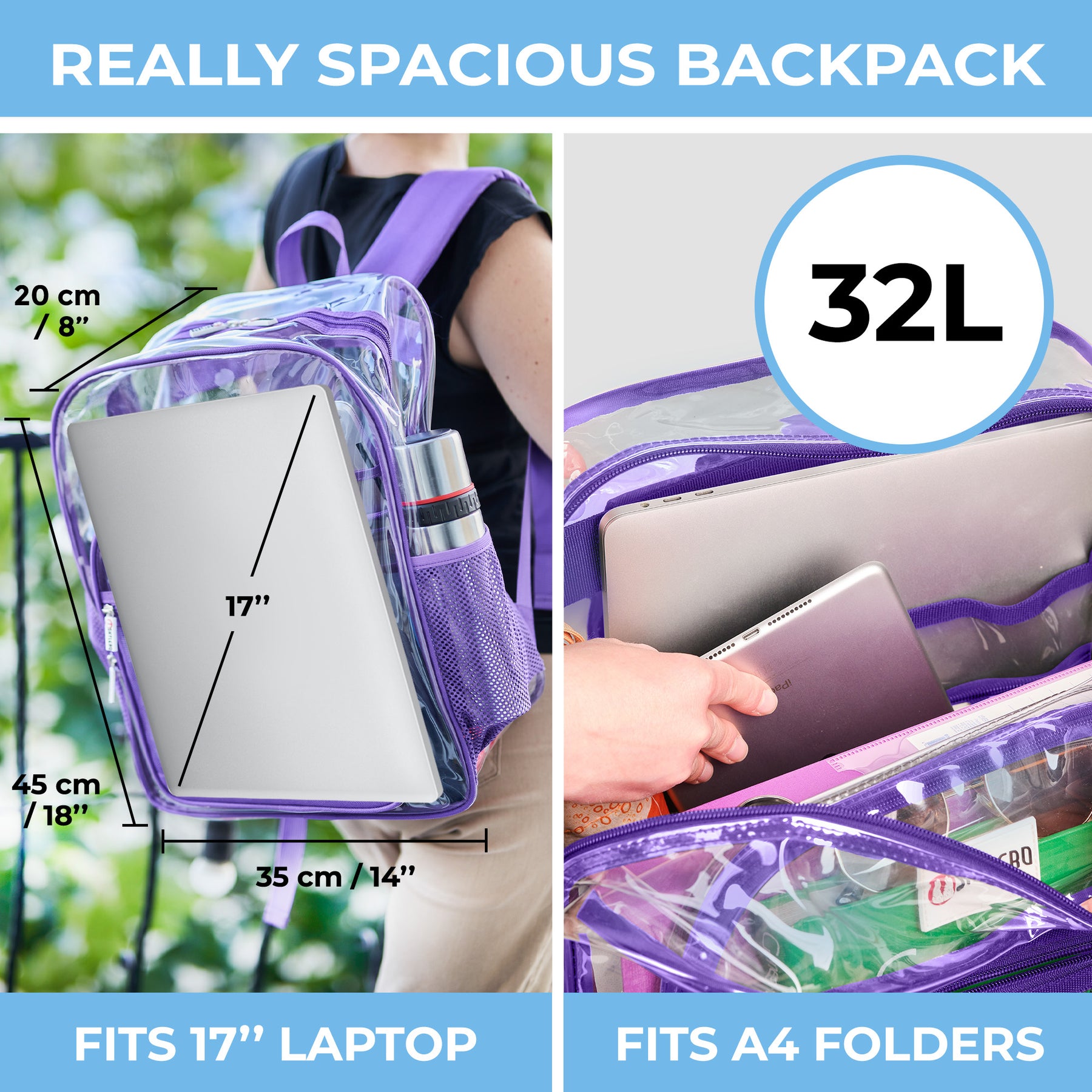 Clear Backpack For Work and School Backpack XL | TSA Lock | H18" x W14" x D8" (45cm x 35cm x 20cm) | 32 L | Purple Rhino