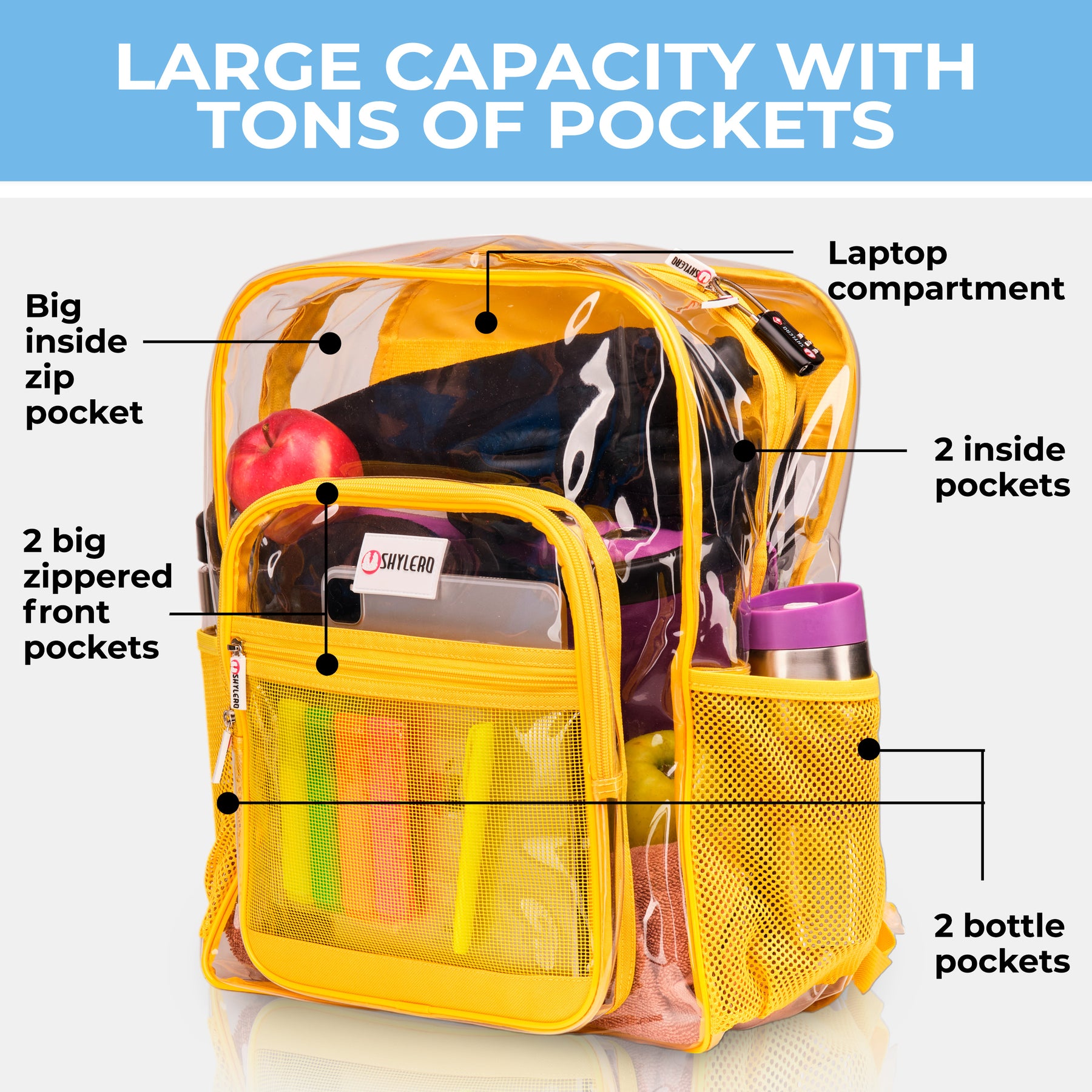 Clear Backpack For Work and School Backpack XL | TSA Lock | H18" x W14" x D8" (45cm x 35cm x 20cm) | 32 L | Yellow Rhino