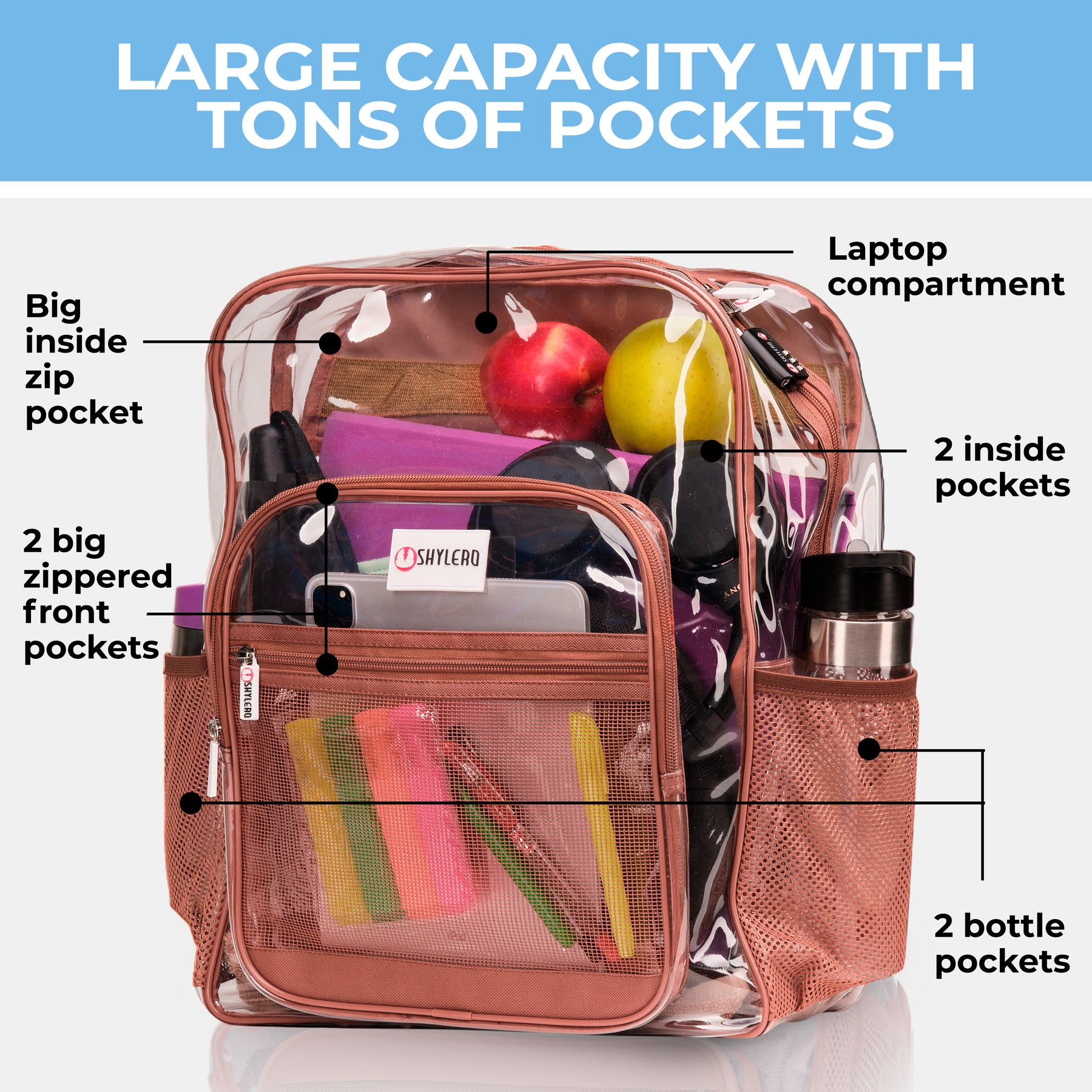 Clear Backpack For Work and School Backpack XL | TSA Lock | H18" x W14" x D8" (45cm x 35cm x 20cm) | 32 L | Brown Rhino