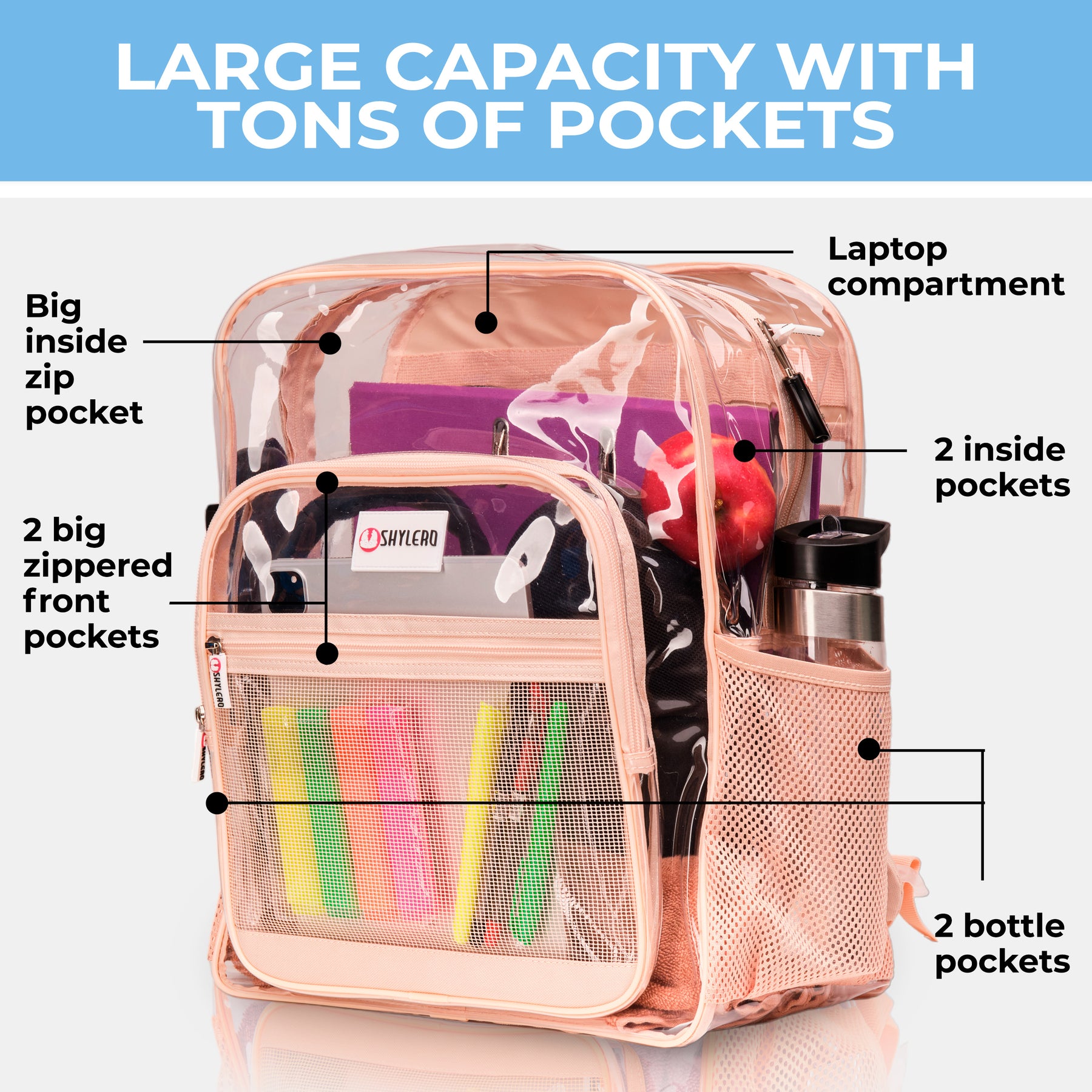 Clear Backpack For Work and School Backpack XL | TSA Lock | H18" x W14" x D8" (45cm x 35cm x 20cm) | 32 L | Beige Rhino