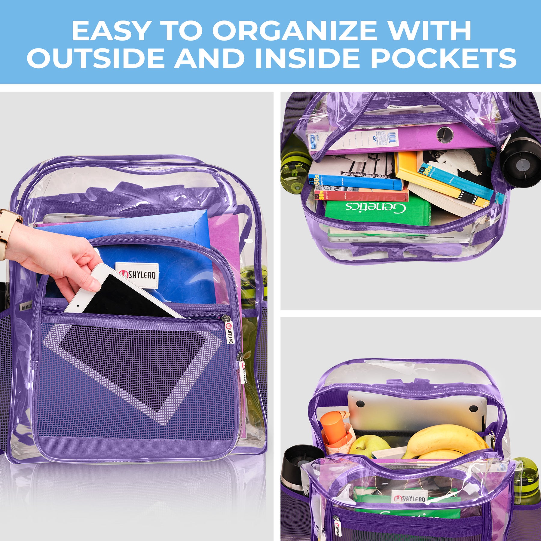 Clear Backpack For Work and School Backpack XL | TSA Lock | H18" x W14" x D8" (45cm x 35cm x 20cm) | 32 L | Purple Rhino