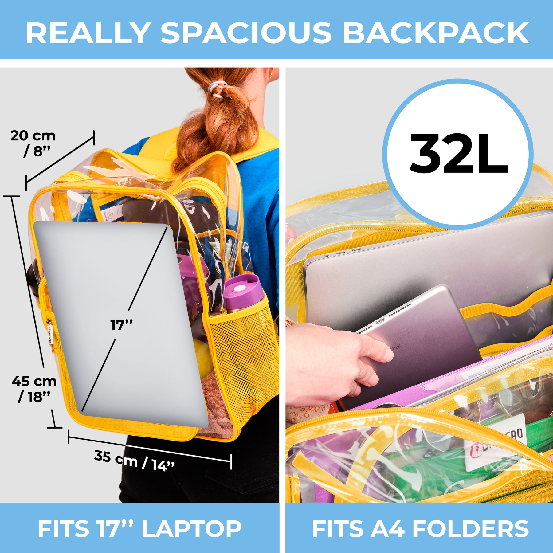 Clear Backpack For Work and School Backpack XL | TSA Lock | H18" x W14" x D8" (45cm x 35cm x 20cm) | 32 L | Yellow Rhino