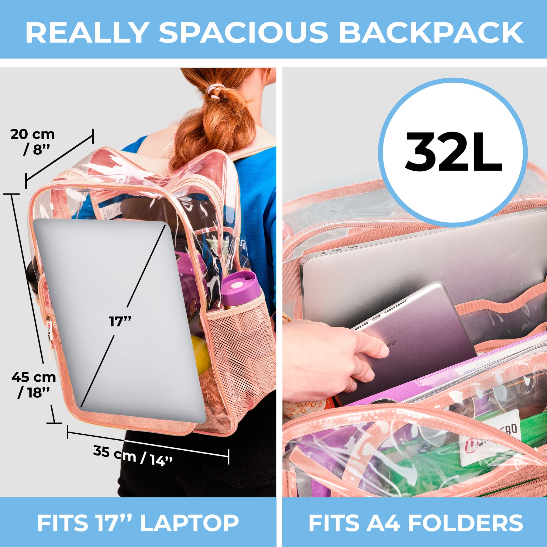 Clear Backpack For Work and School Backpack XL | TSA Lock | H18" x W14" x D8" (45cm x 35cm x 20cm) | 32 L | Beige Rhino