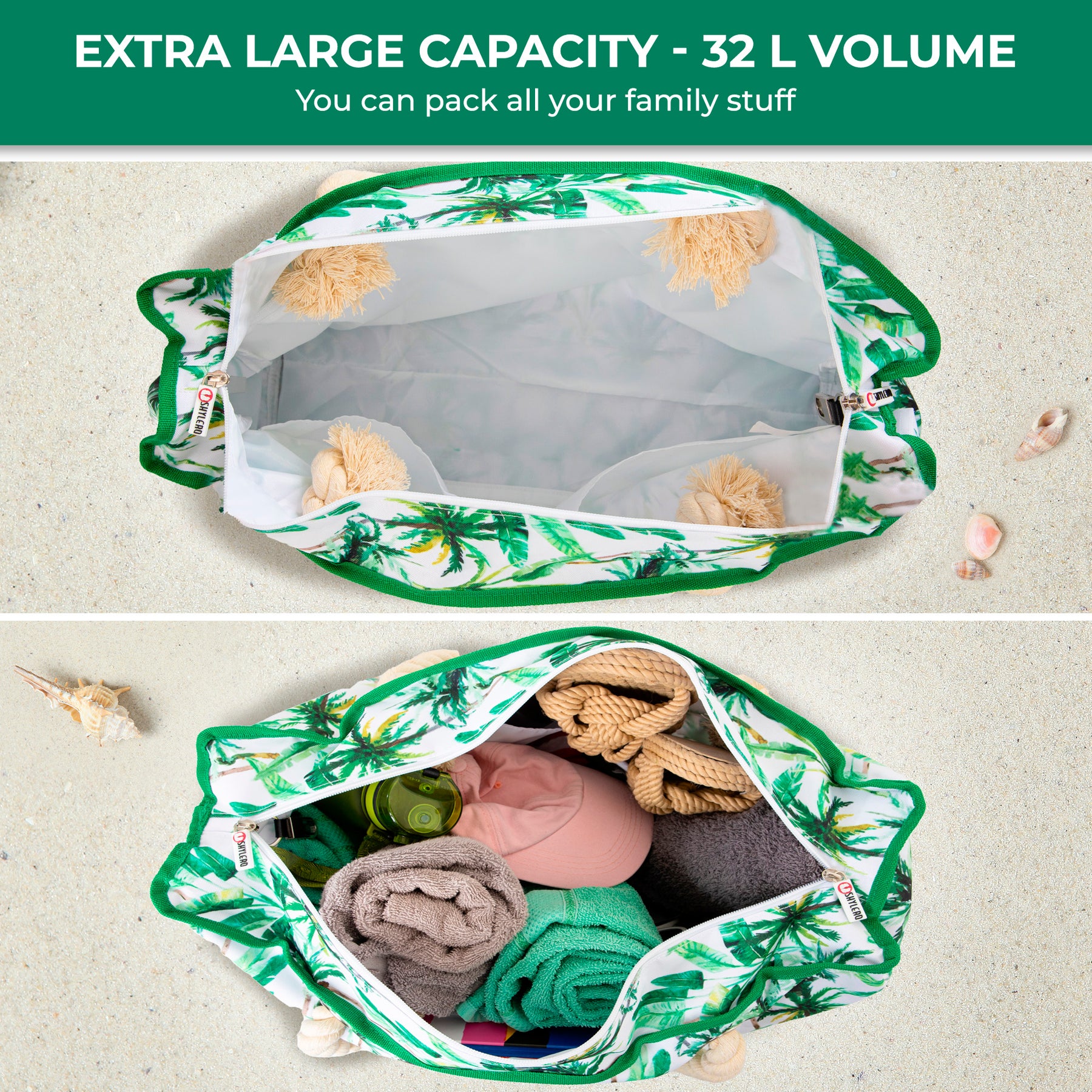 Beach Bag and Pool Bag | Water Repellent | Top YKK® Zip | Family Size | L22" x H15" x W6" | Palm Leaves