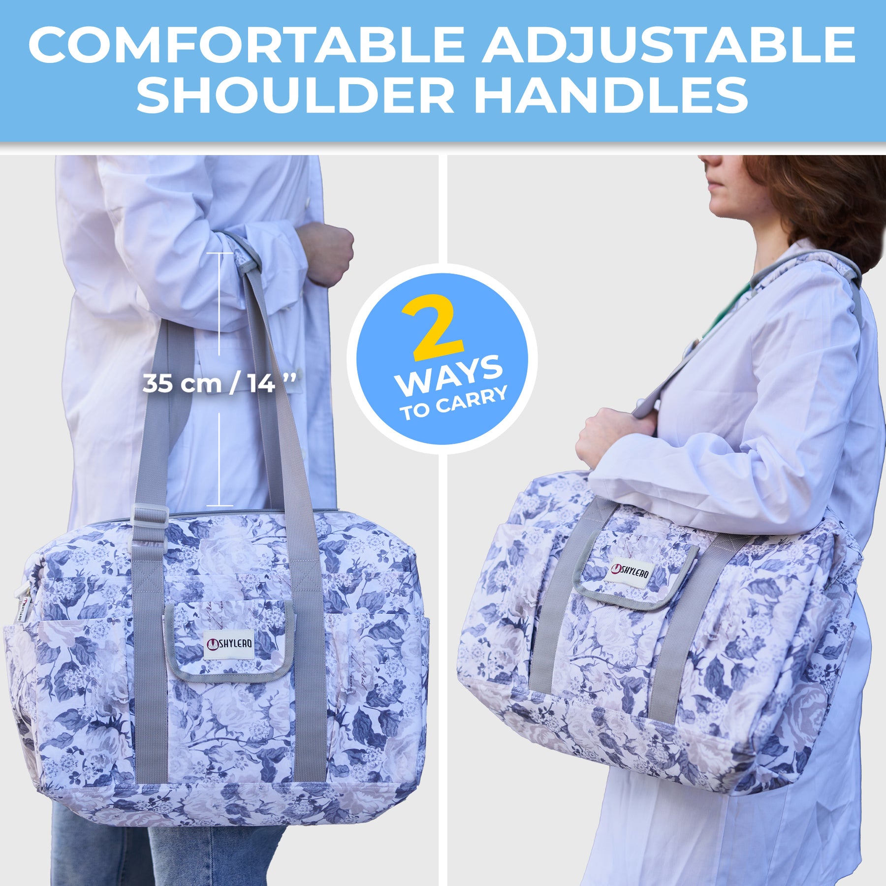 Nurse Bag and Utility Tote | Waterproof | Top YKK® Zip | L18" x H14" x W7" (46x18x36cm) | Marble Flowers