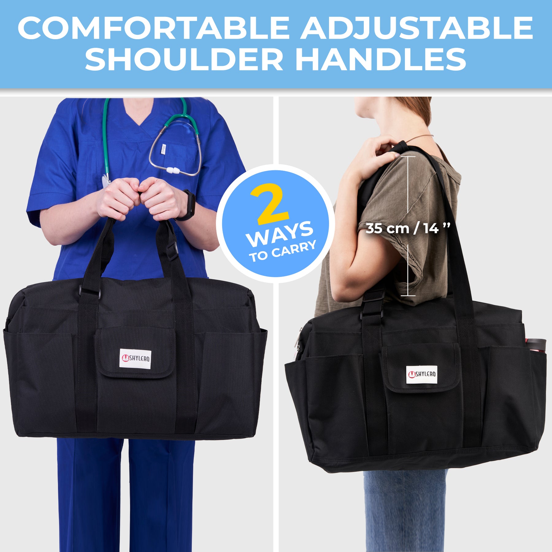 Nurse Bag and Utility Tote | Waterproof | Top YKK® Zip | L18" x H14" x W7" (46x18x36cm) | Solid Black