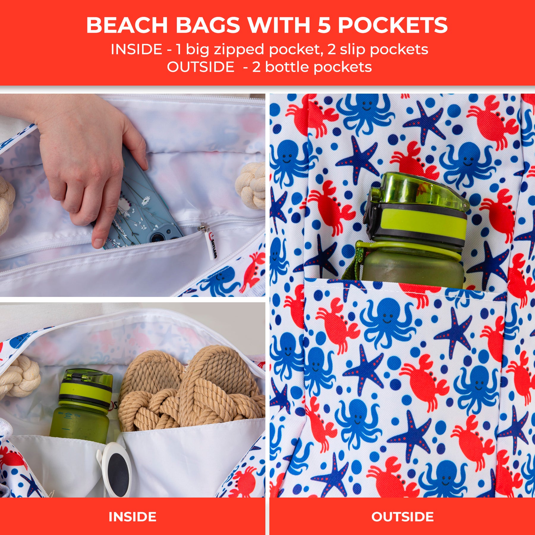 Beach Bag and Pool Bag | Water Repellent | Top YKK® Zip | Family Size | L22" x H15" x W6" | Underwater World