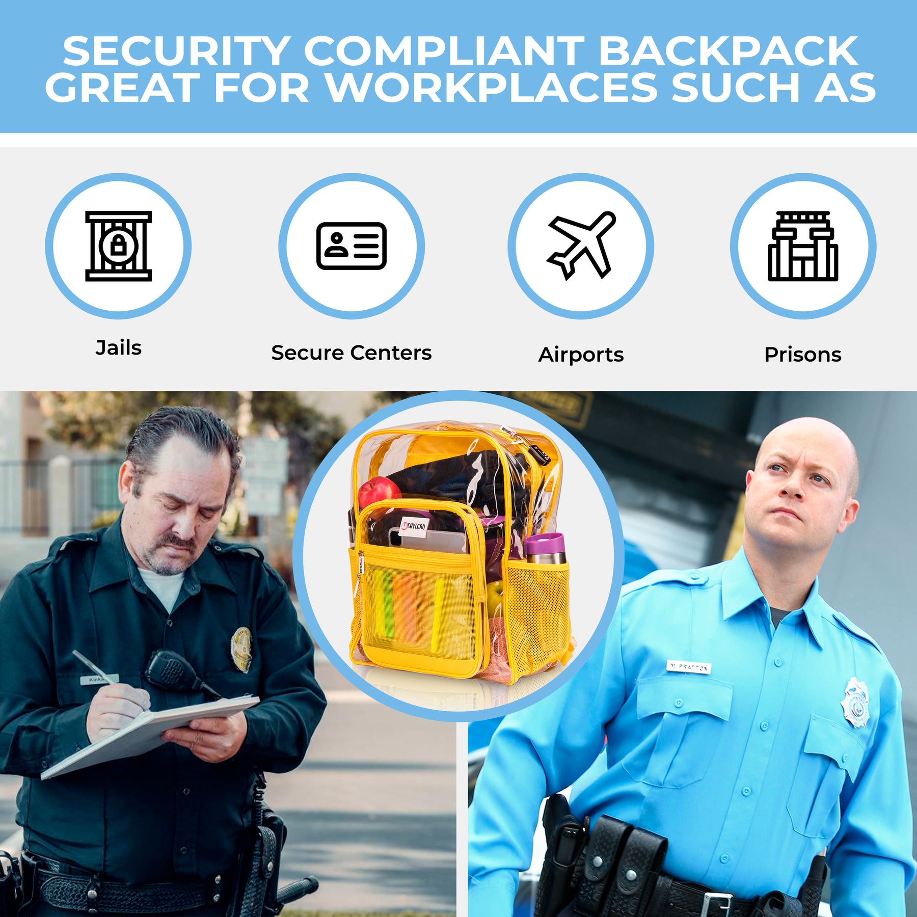 Clear Backpack For Work and School Backpack XL | TSA Lock | H18" x W14" x D8" (45cm x 35cm x 20cm) | 32 L | Yellow Rhino