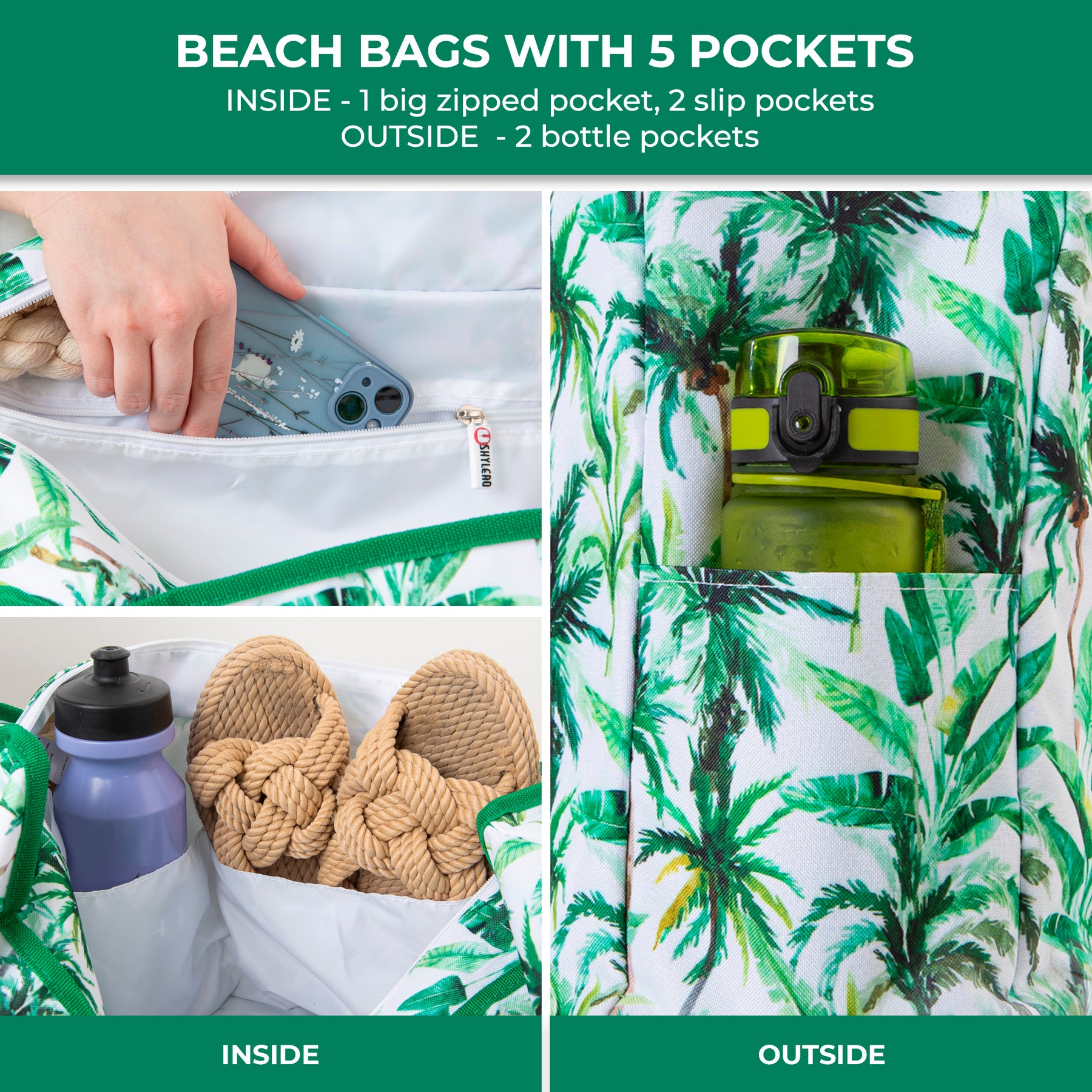 Beach Bag and Pool Bag | Water Repellent | Top YKK® Zip | Family Size | L22" x H15" x W6" | Palm Leaves