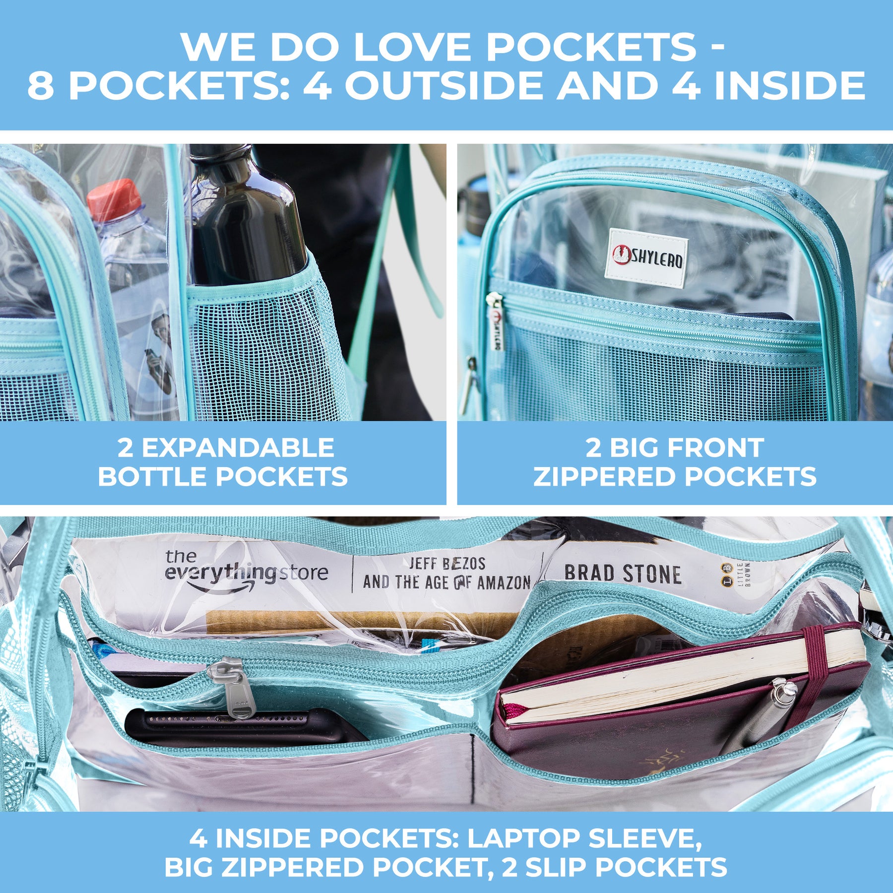 Clear Backpack For Work and School Backpack XL | TSA Lock | H18" x W14" x D8" (45cm x 35cm x 20cm) | 32 L | Turquoise Rhino