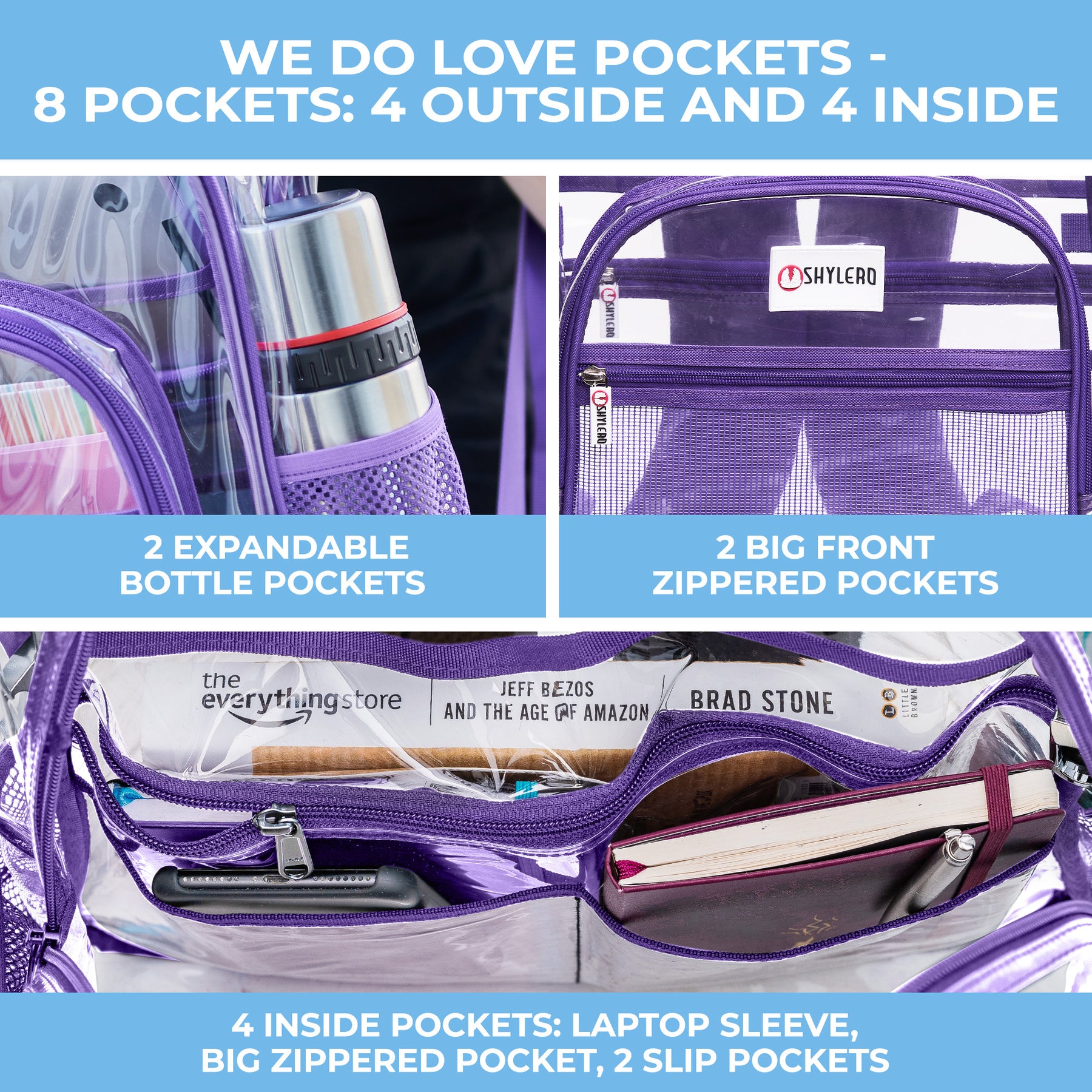 Clear Backpack For Work and School Backpack XL | TSA Lock | H18" x W14" x D8" (45cm x 35cm x 20cm) | 32 L | Purple Rhino