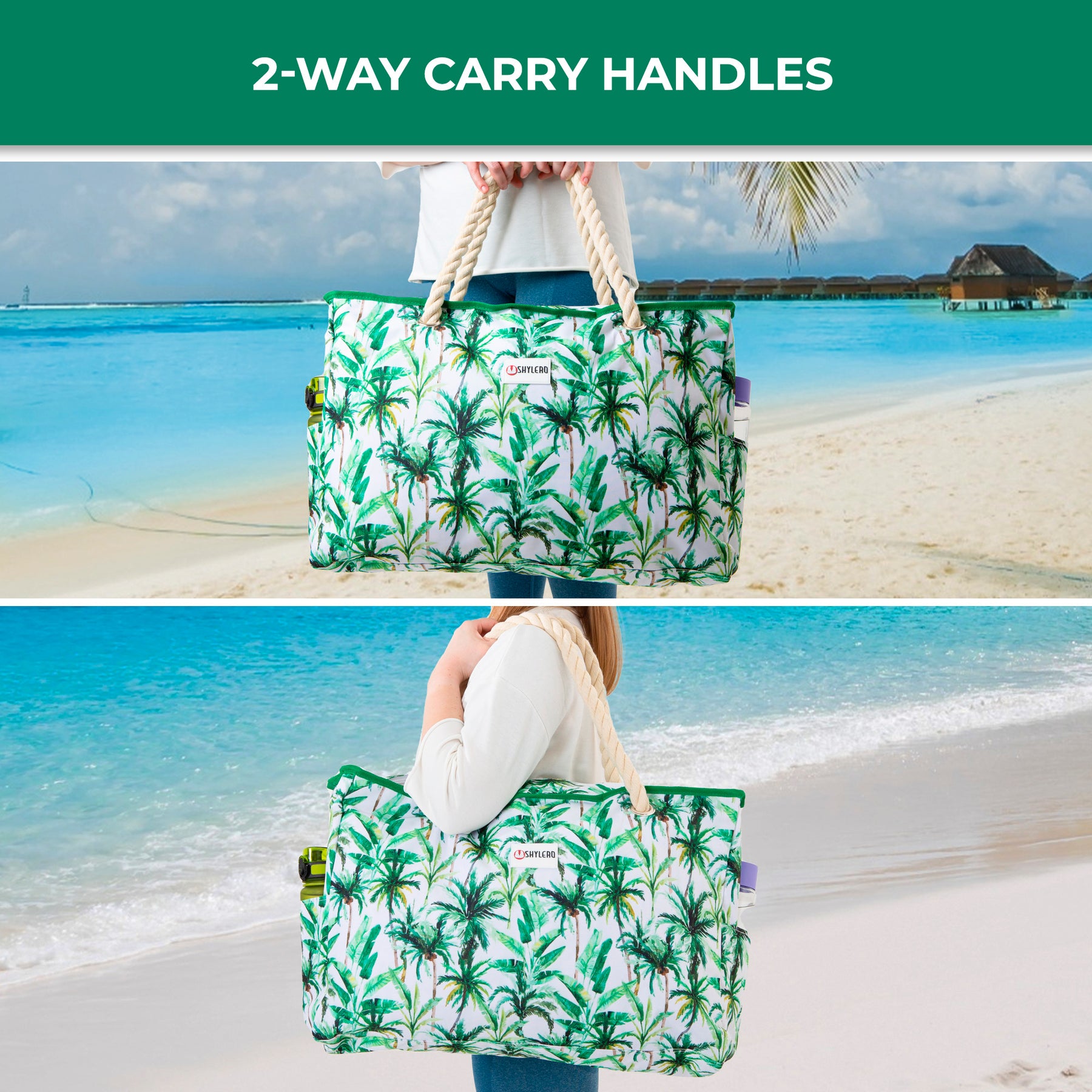 Beach Bag and Pool Bag | Water Repellent | Top YKK® Zip | Family Size | L22" x H15" x W6" | Palm Leaves