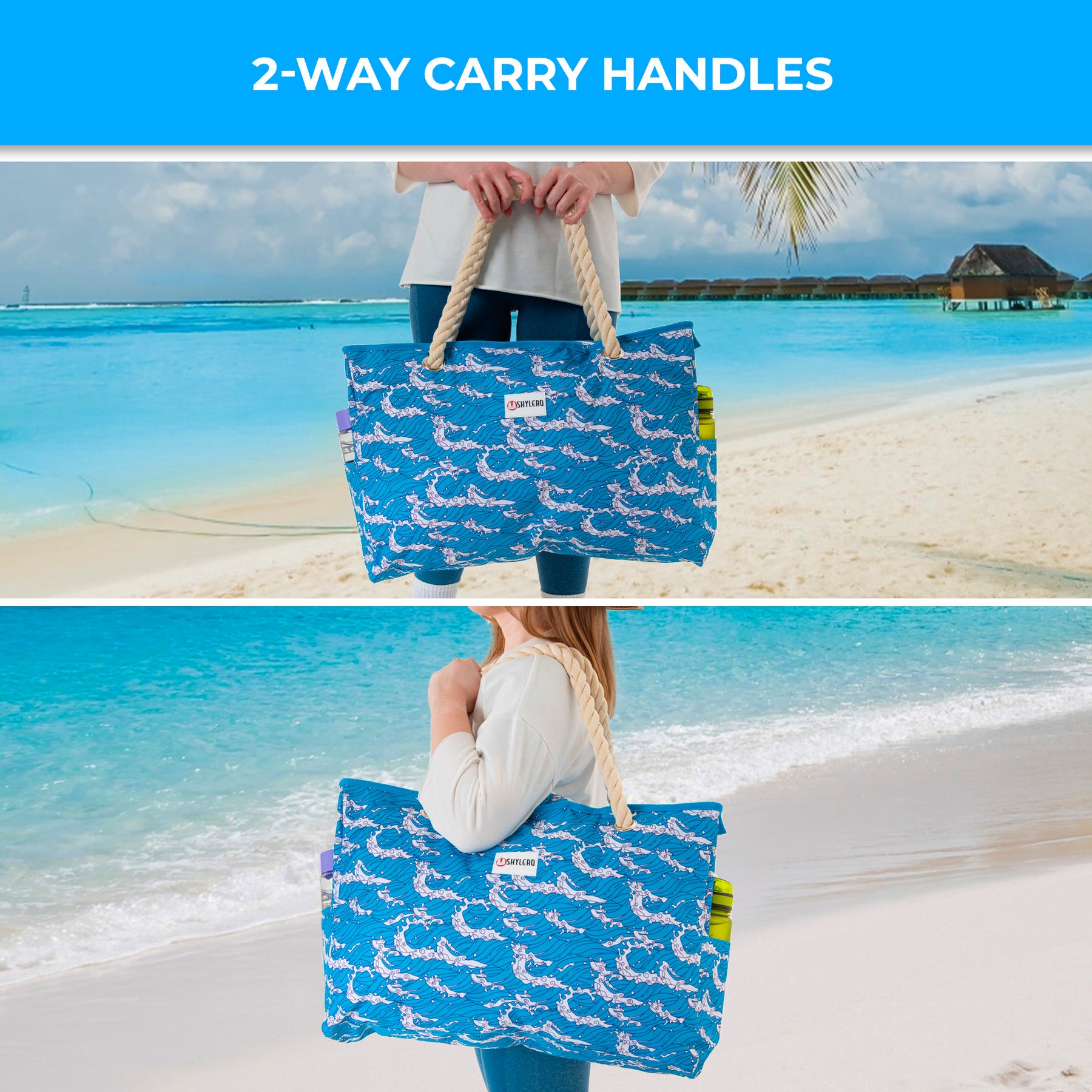 Beach Bag and Pool Bag | Water Repellent | Top YKK® Zip | Family Size | L22" x H15" x W6" | Ocean Waves