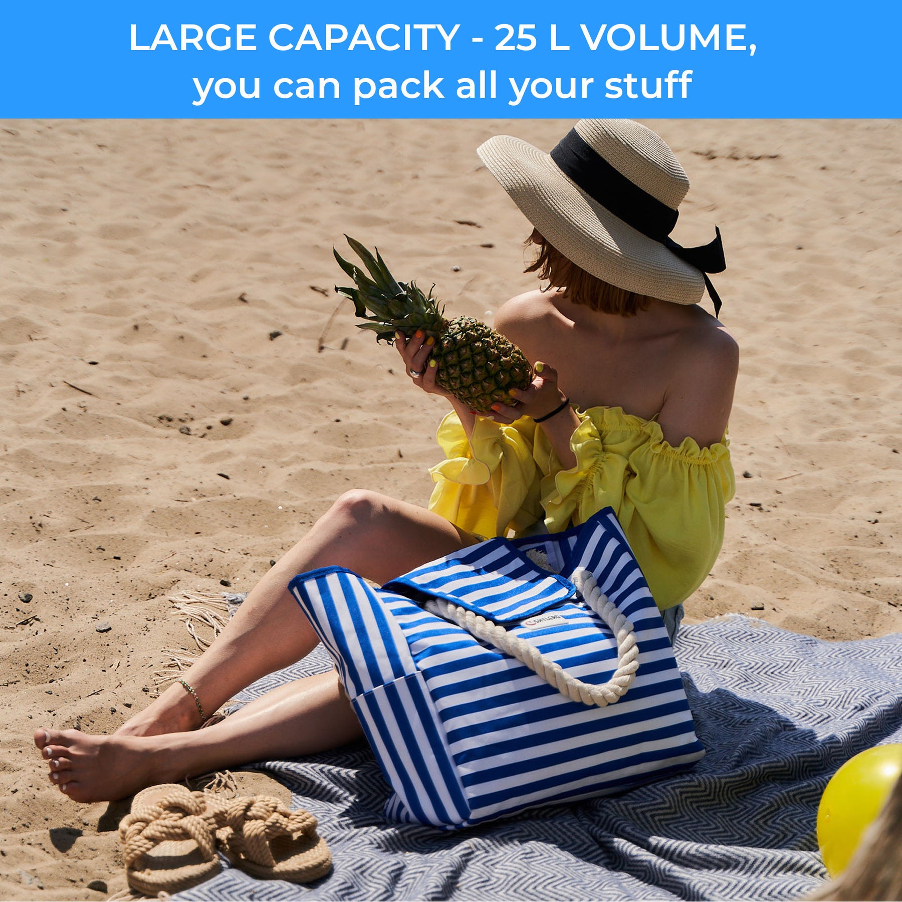 Beach Bag and Pool Bag | Water Repellent | Top Magnet | Family Size XXL | L22" x H15" x W6" | Bright Blue Dolphin