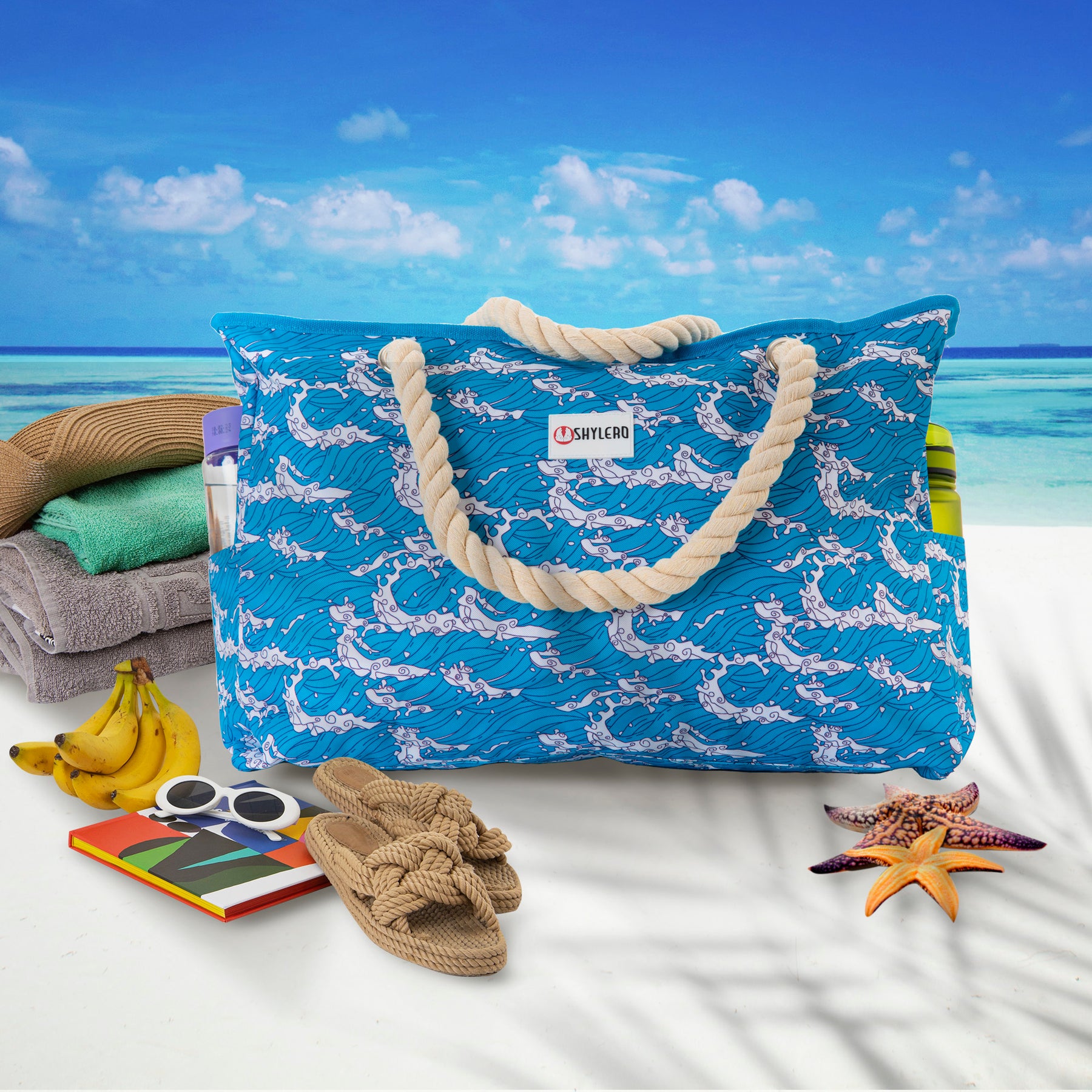 Beach Bag and Pool Bag | Water Repellent | Top YKK® Zip | Family Size | L22" x H15" x W6" | Ocean Waves