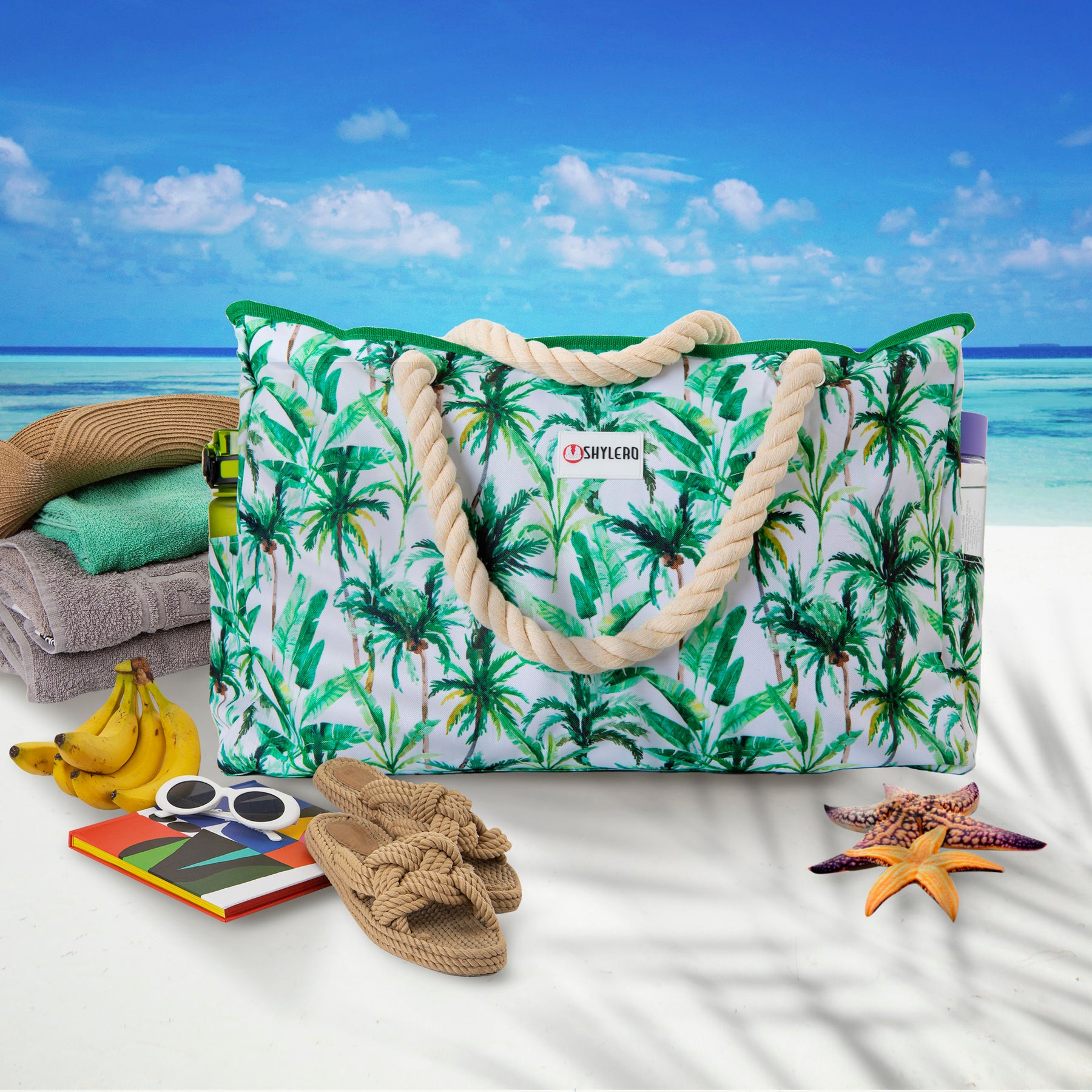 Beach Bag and Pool Bag | Water Repellent | Top YKK® Zip | Family Size | L22" x H15" x W6" | Palm Leaves