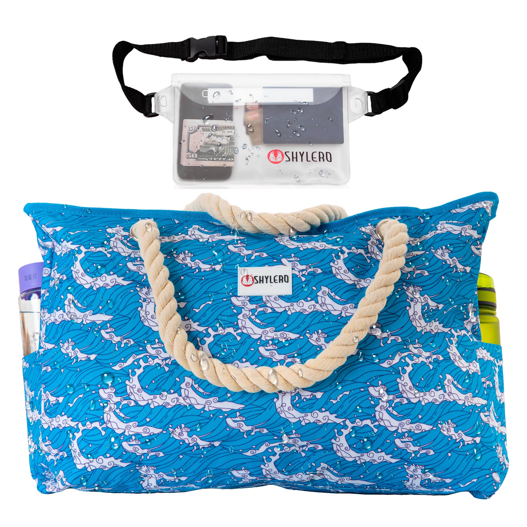 Beach Bag and Pool Bag | Water Repellent | Top YKK® Zip | Family Size | L22" x H15" x W6" | Ocean Waves