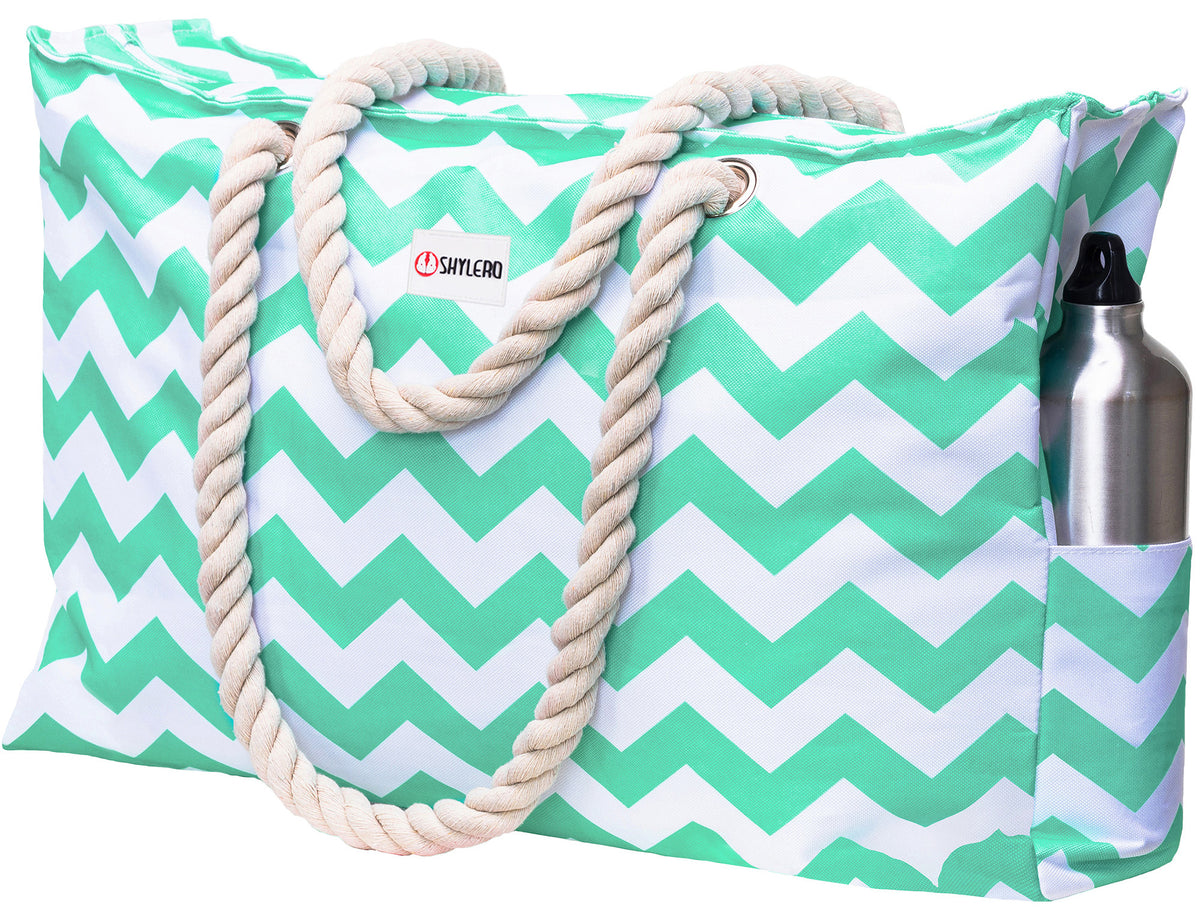 Beach Bag and Pool Bag | Water Repellent | Top YKK® Zip | Family Size | L22" x H15" x W6" | Turquoise Green Turtle