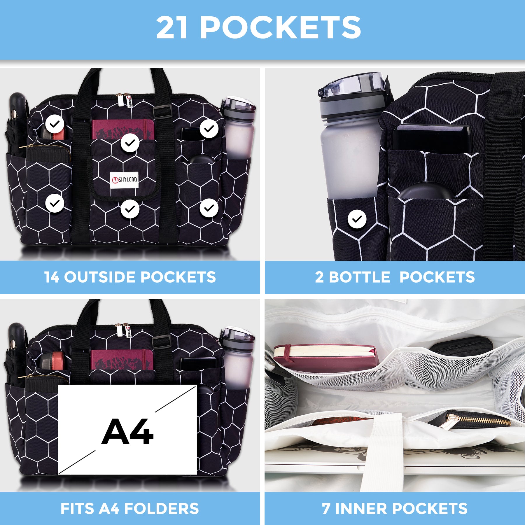 Nurse Bag and Utility Tote | Waterproof | Top YKK® Zip | L18" x H14" x W7" (46x18x36cm) | Black Bee Hive