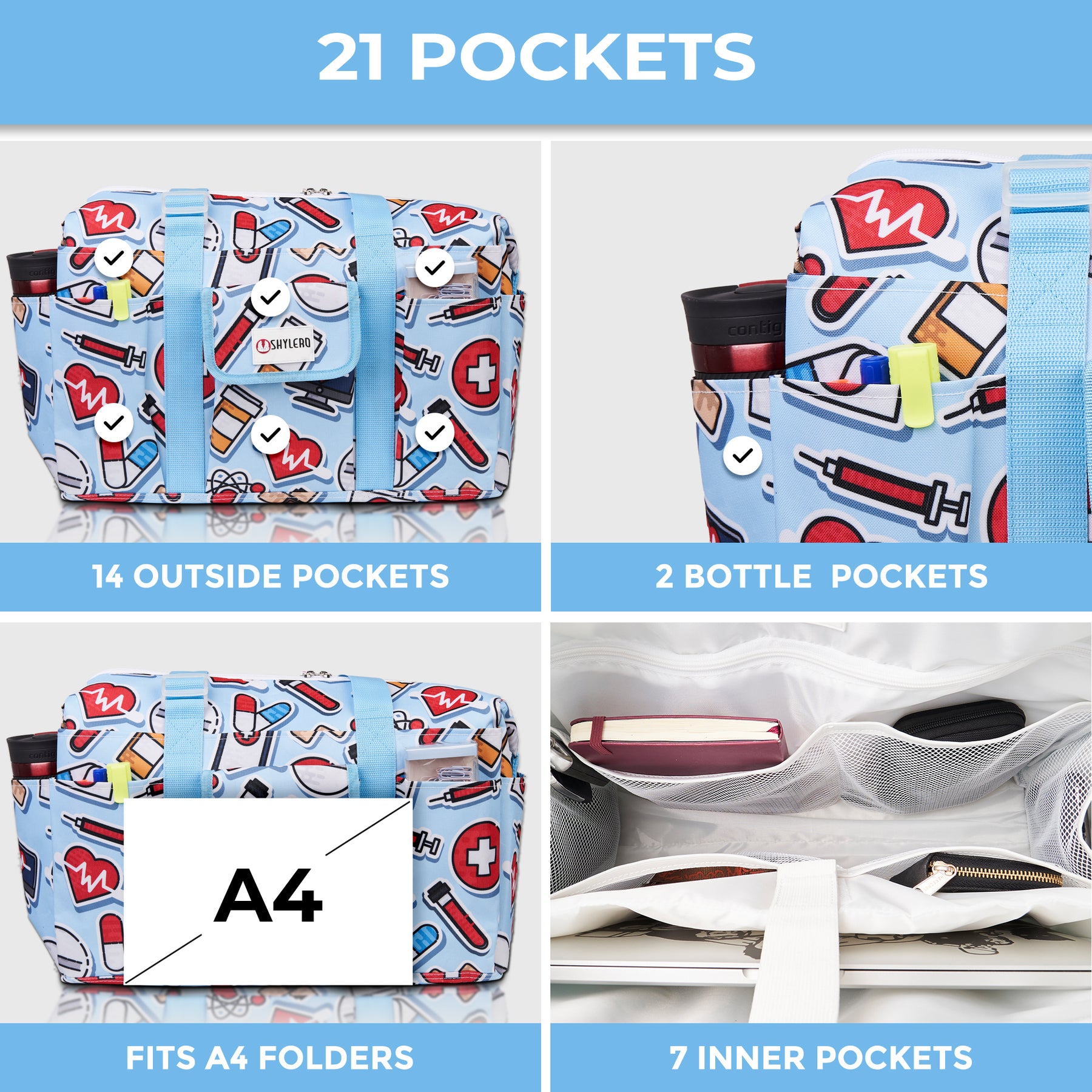 Nurse Bag and Utility Tote | Waterproof | Top YKK® Zip | L18" x H14" x W7" (46x18x36cm) | Cure All