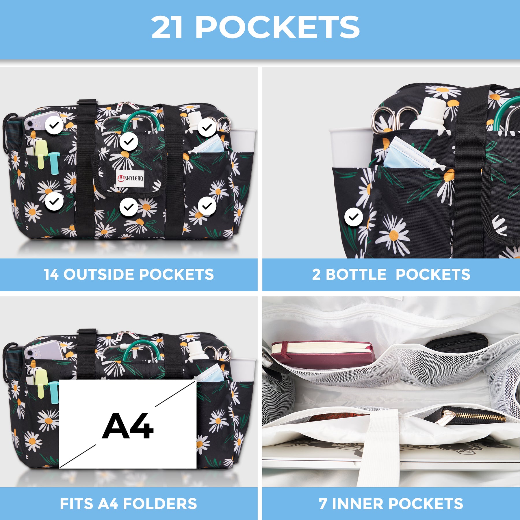 Nurse Bag and Utility Tote | Waterproof | Top YKK® Zip | L18" x H14" x W7" (46x18x36cm) | Field Chamomile