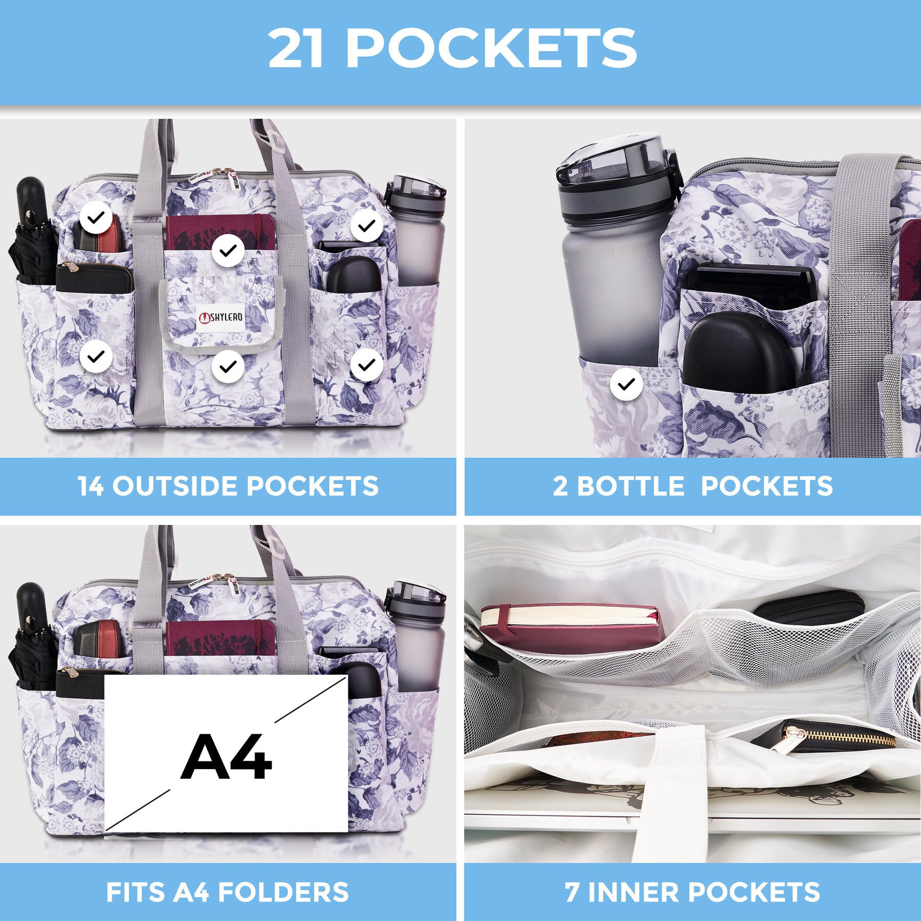Nurse Bag and Utility Tote | Waterproof | Top YKK® Zip | L18" x H14" x W7" (46x18x36cm) | Marble Flowers